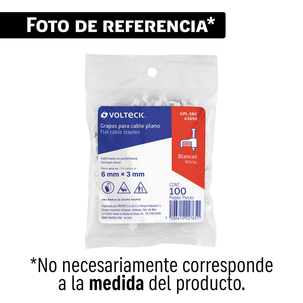 Bolsa con 100 grapas blancas de 9.5 mm para cable plano
