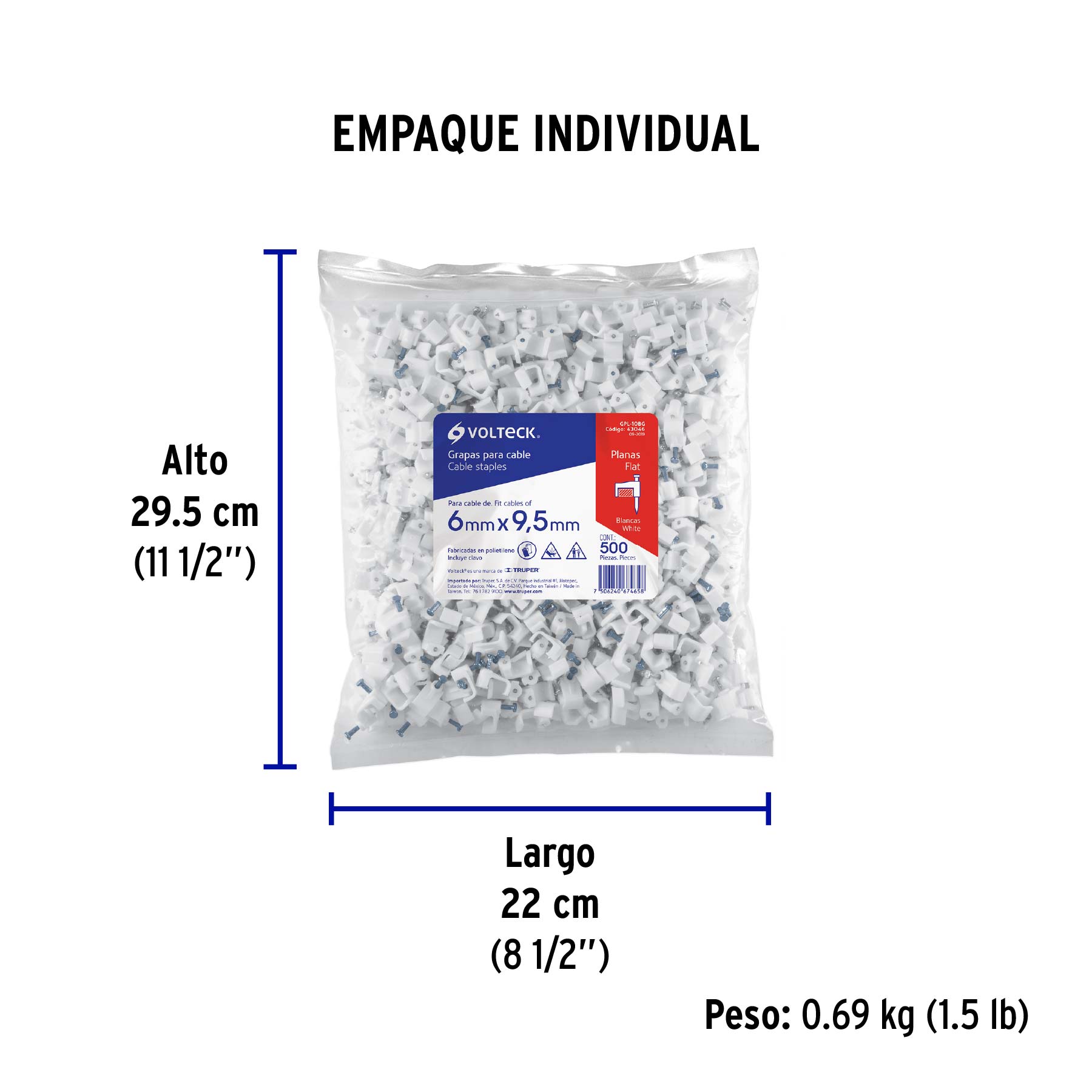 Bolsa con 500 grapas blancas de 6 x 9.5 mm para cable plano - Empaque