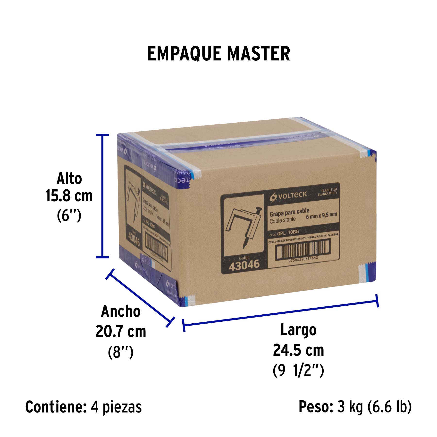 Bolsa con 500 grapas blancas de 6 x 9.5 mm para cable plano - Empaque