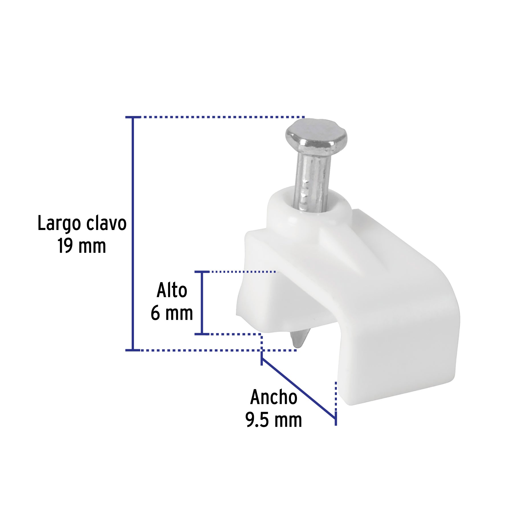 Bolsa con 500 grapas blancas de 6 x 9.5 mm para cable plano