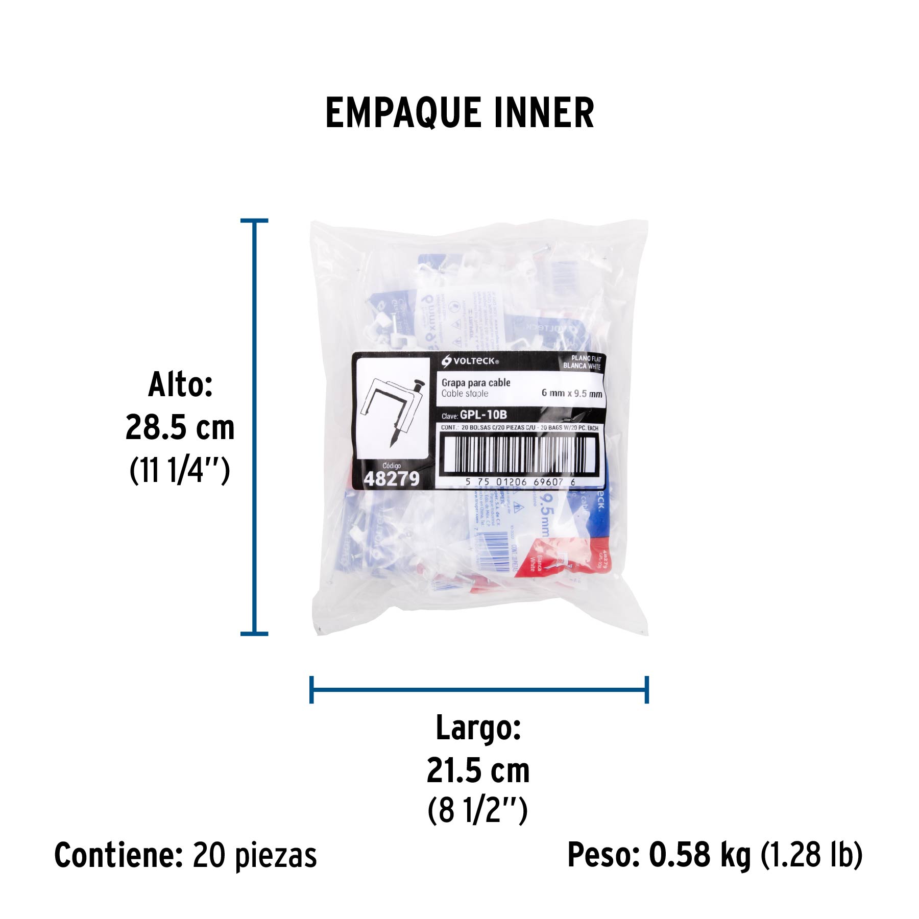 Bolsa con 20 grapas blancas de 6 x 9.5 mm para cable plano - Empaque