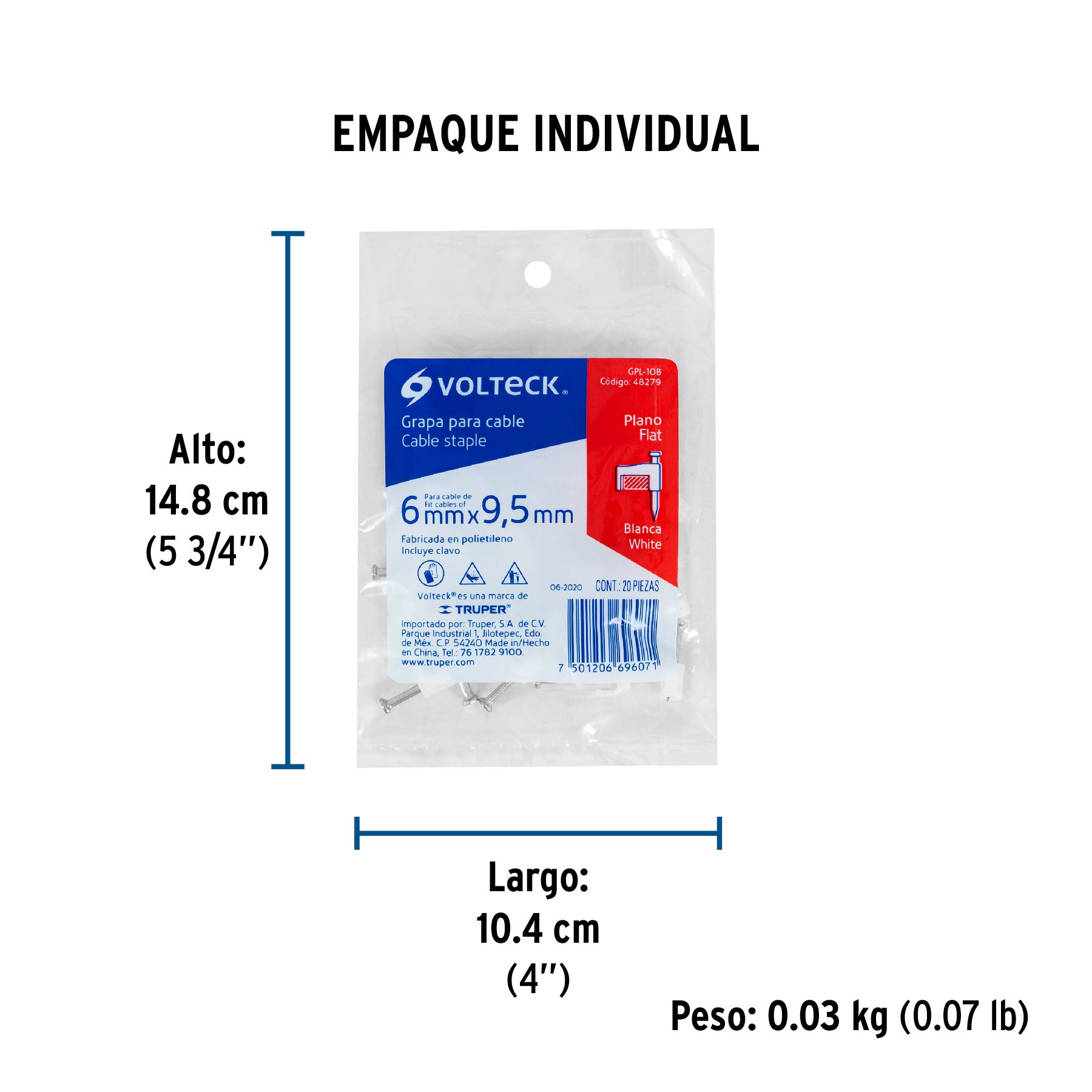 Bolsa con 20 grapas blancas de 6 x 9.5 mm para cable plano - Empaque