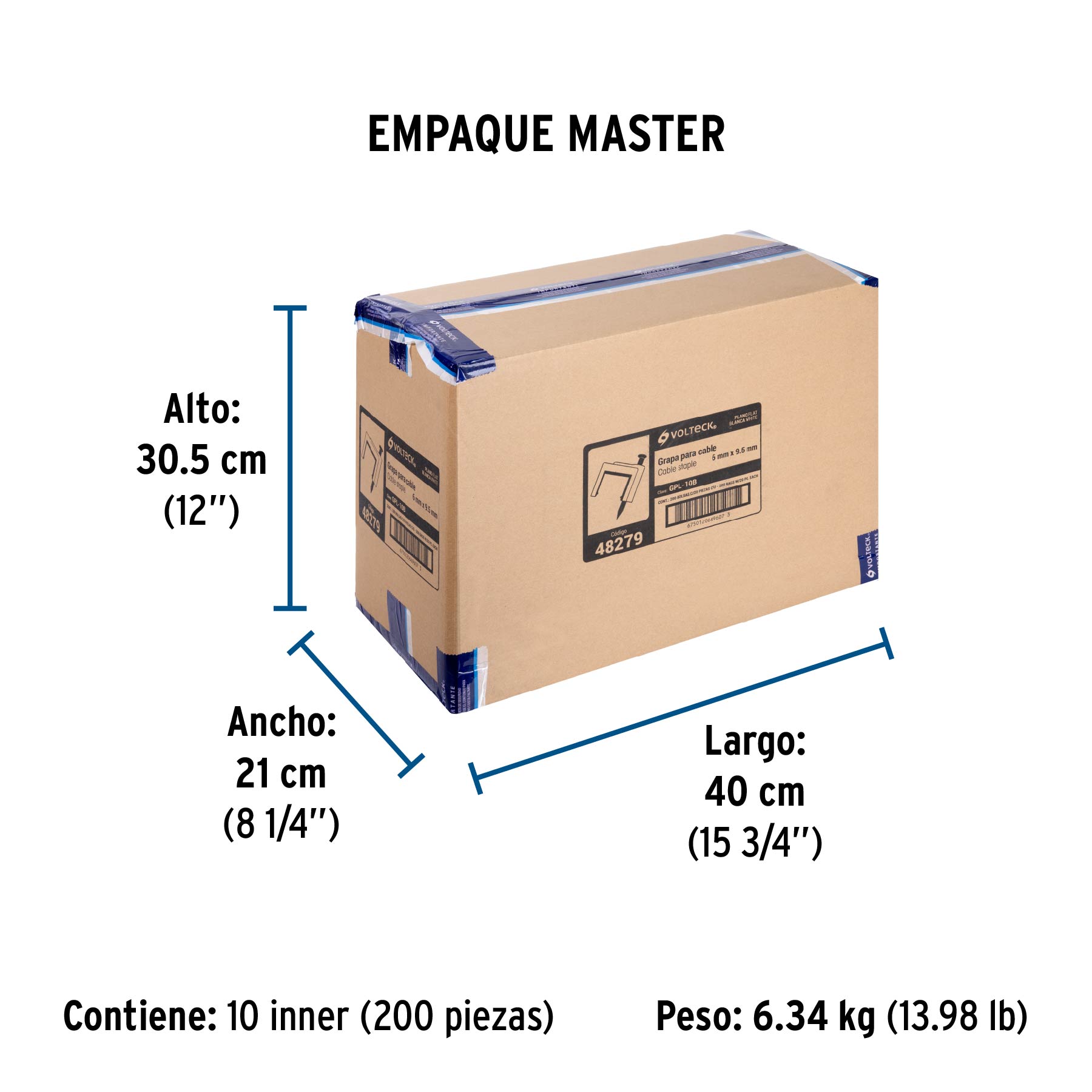 Bolsa con 20 grapas blancas de 6 x 9.5 mm para cable plano - Empaque