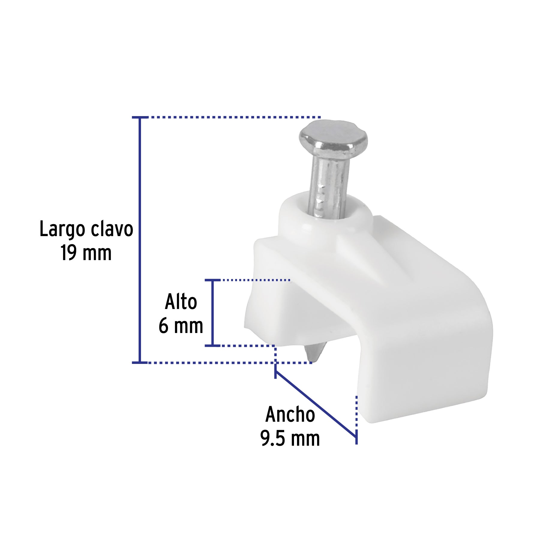 Bolsa con 20 grapas blancas de 6 x 9.5 mm para cable plano