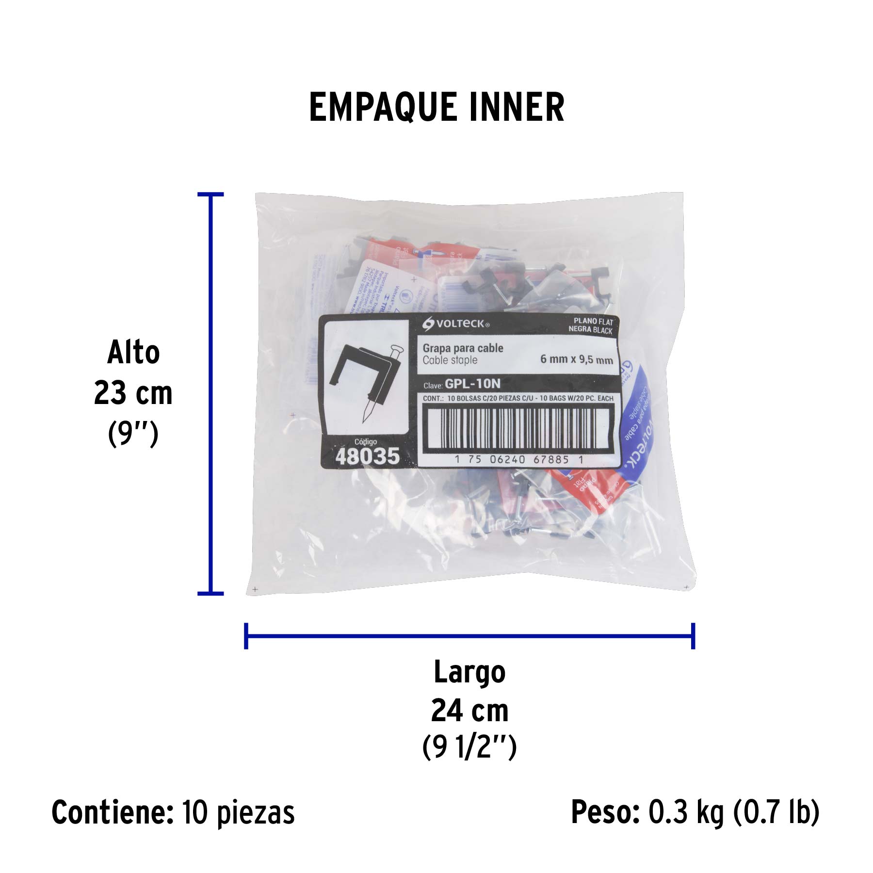 Bolsa con 20 grapas negras de 6 x 9.5 mm para cable plano - Empaque