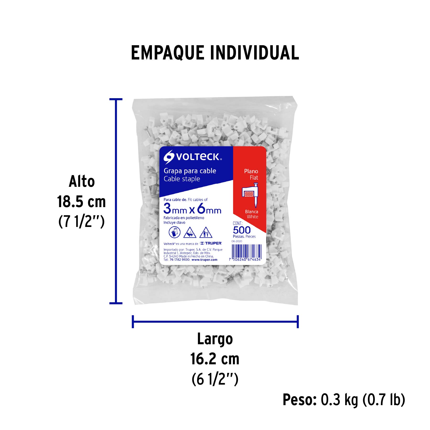 Bolsa con 500 grapas blancas de 3 X 6 mm para cable plano - Empaque