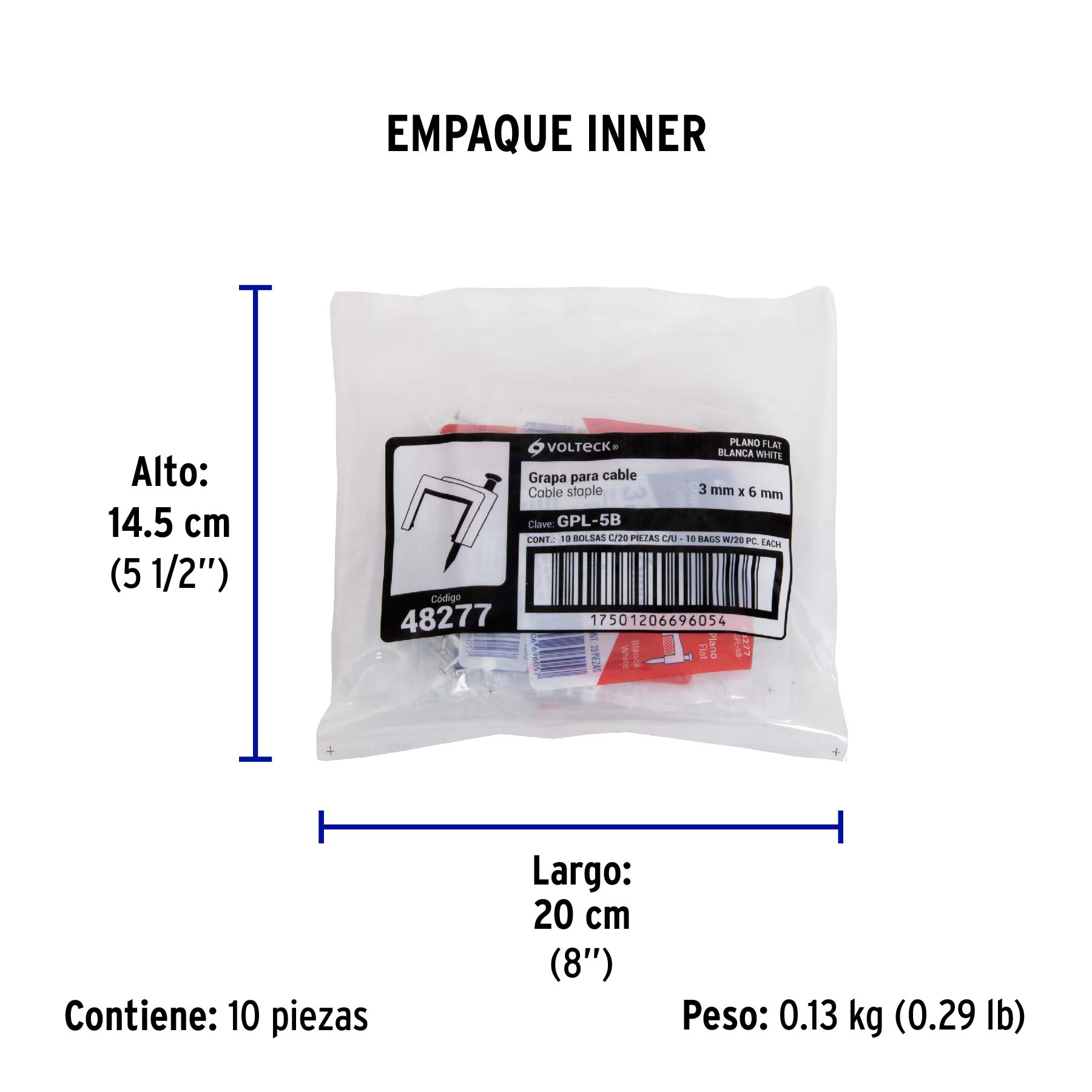 Bolsa con 20 grapas blancas de 3 x 6 mm para cable plano - Empaque