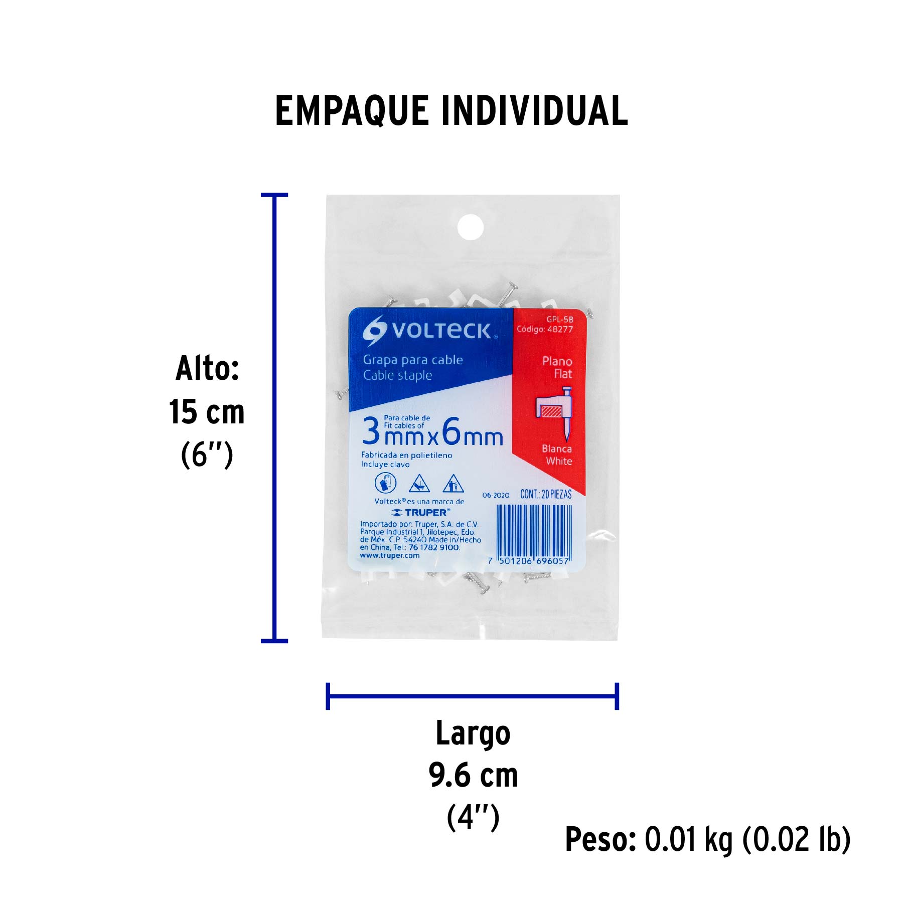 Bolsa con 20 grapas blancas de 3 x 6 mm para cable plano - Empaque