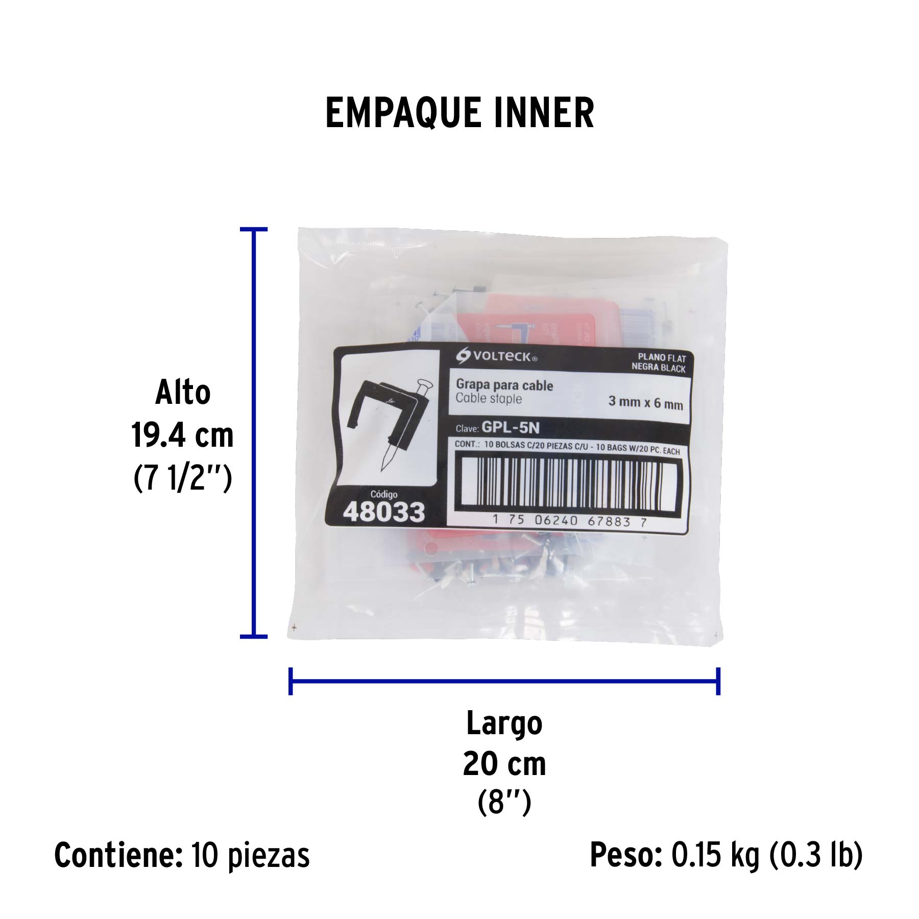 Bolsa con 20 grapas negras de 3 x 6 mm para cable plano - Empaque