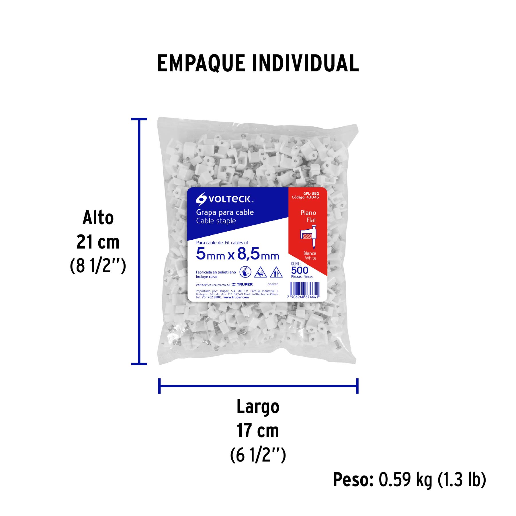 Bolsa con 500 grapas blancas de 5 X 8.5 mm para cable plano - Empaque