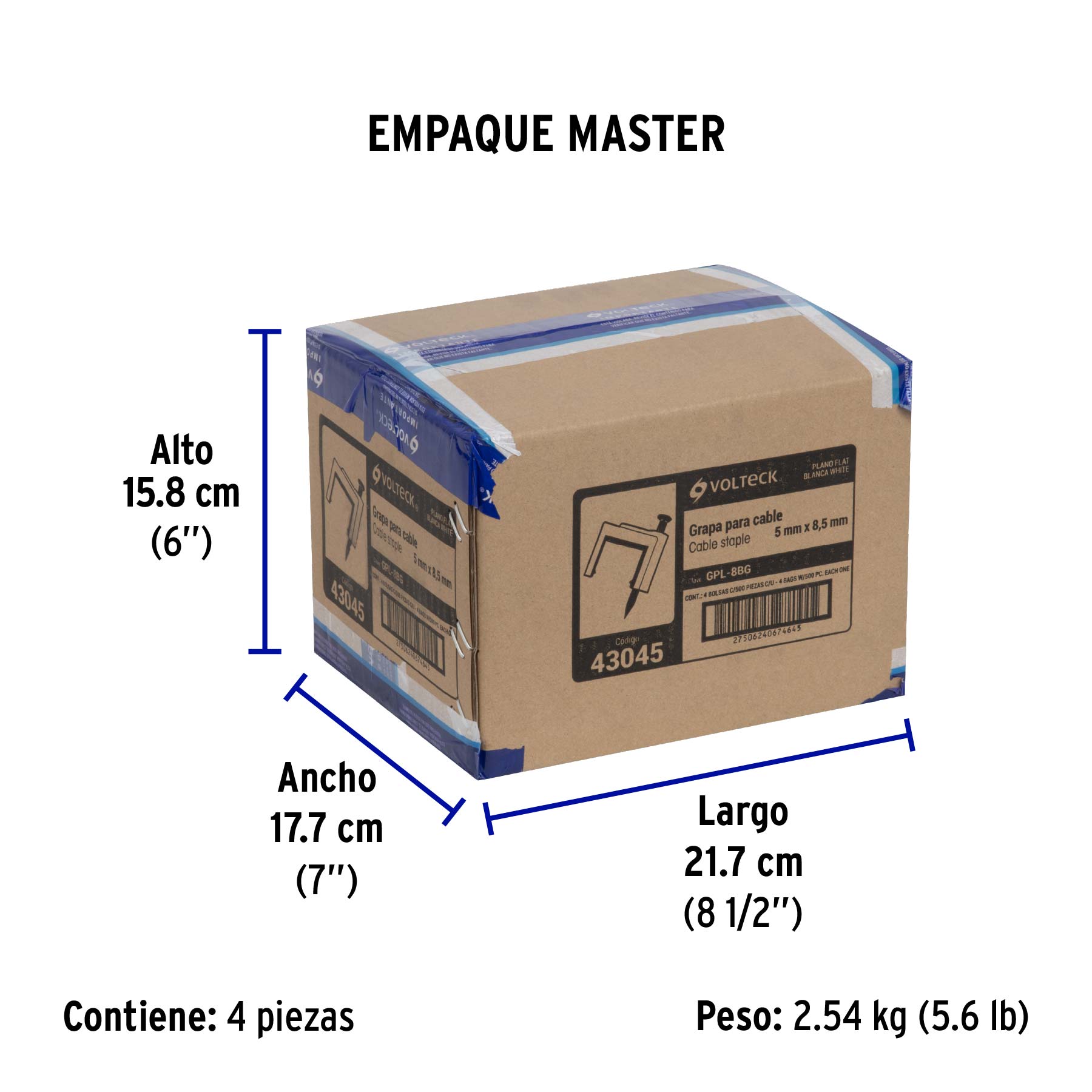 Bolsa con 500 grapas blancas de 5 X 8.5 mm para cable plano - Empaque