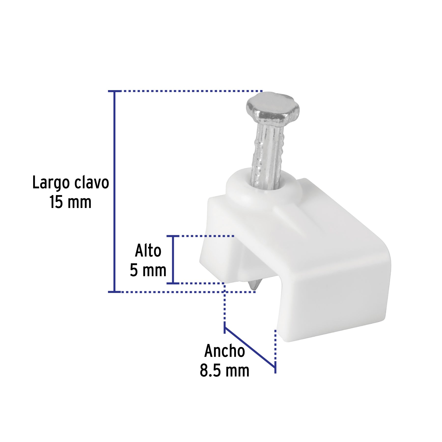 Bolsa con 500 grapas blancas de 5 X 8.5 mm para cable plano