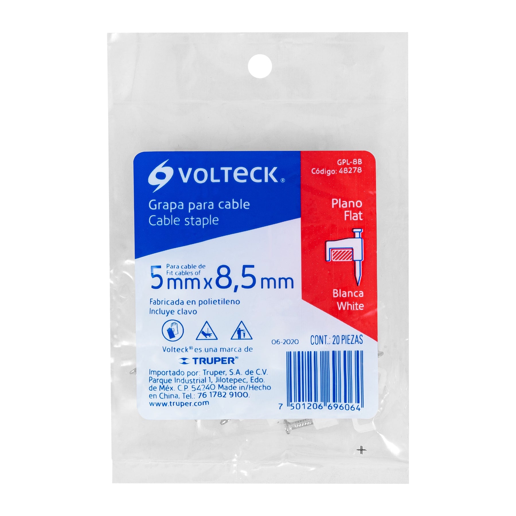 Bolsa con 20 grapas blancas de 5 x 8.5 mm para cable plano