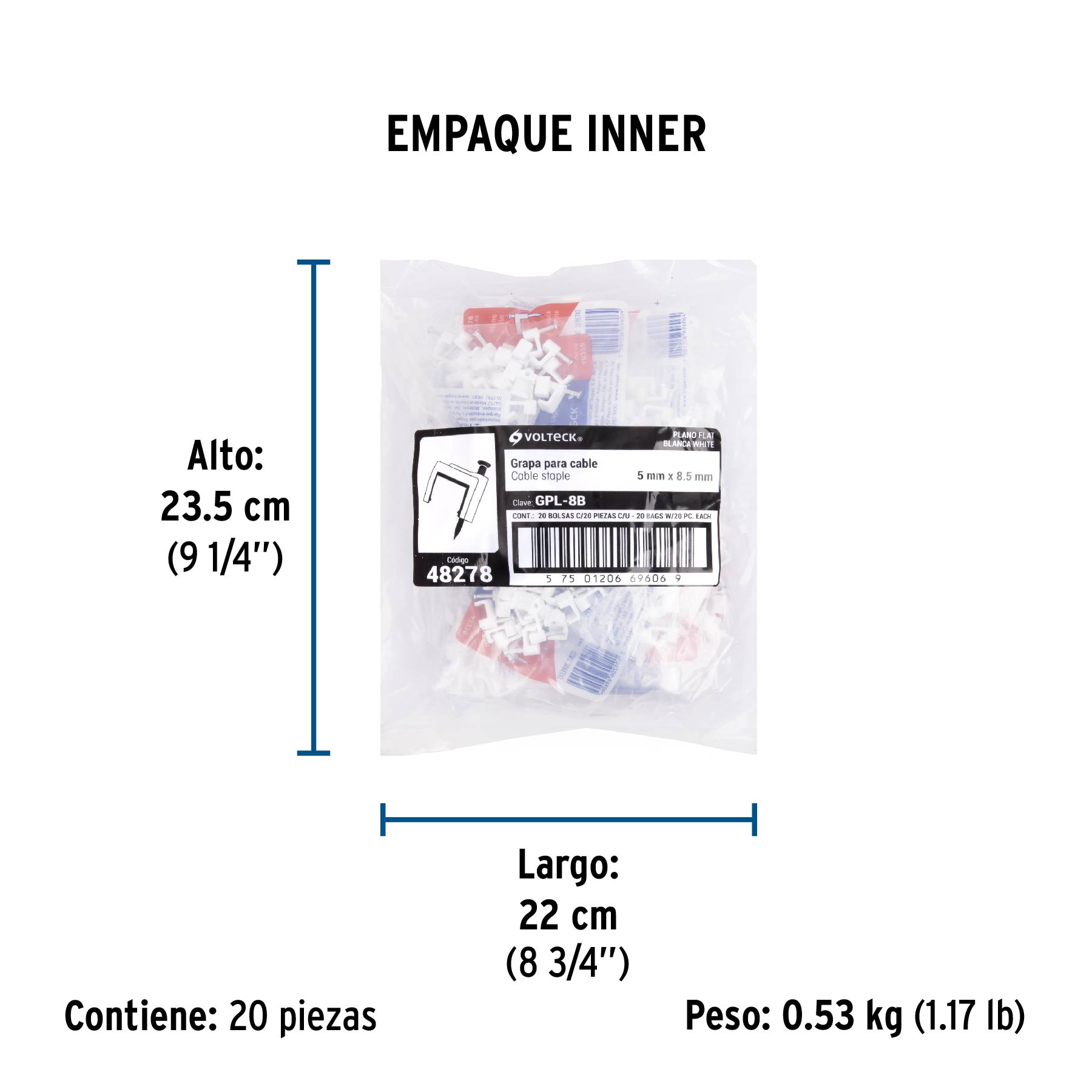 Bolsa con 20 grapas blancas de 5 x 8.5 mm para cable plano - Empaque