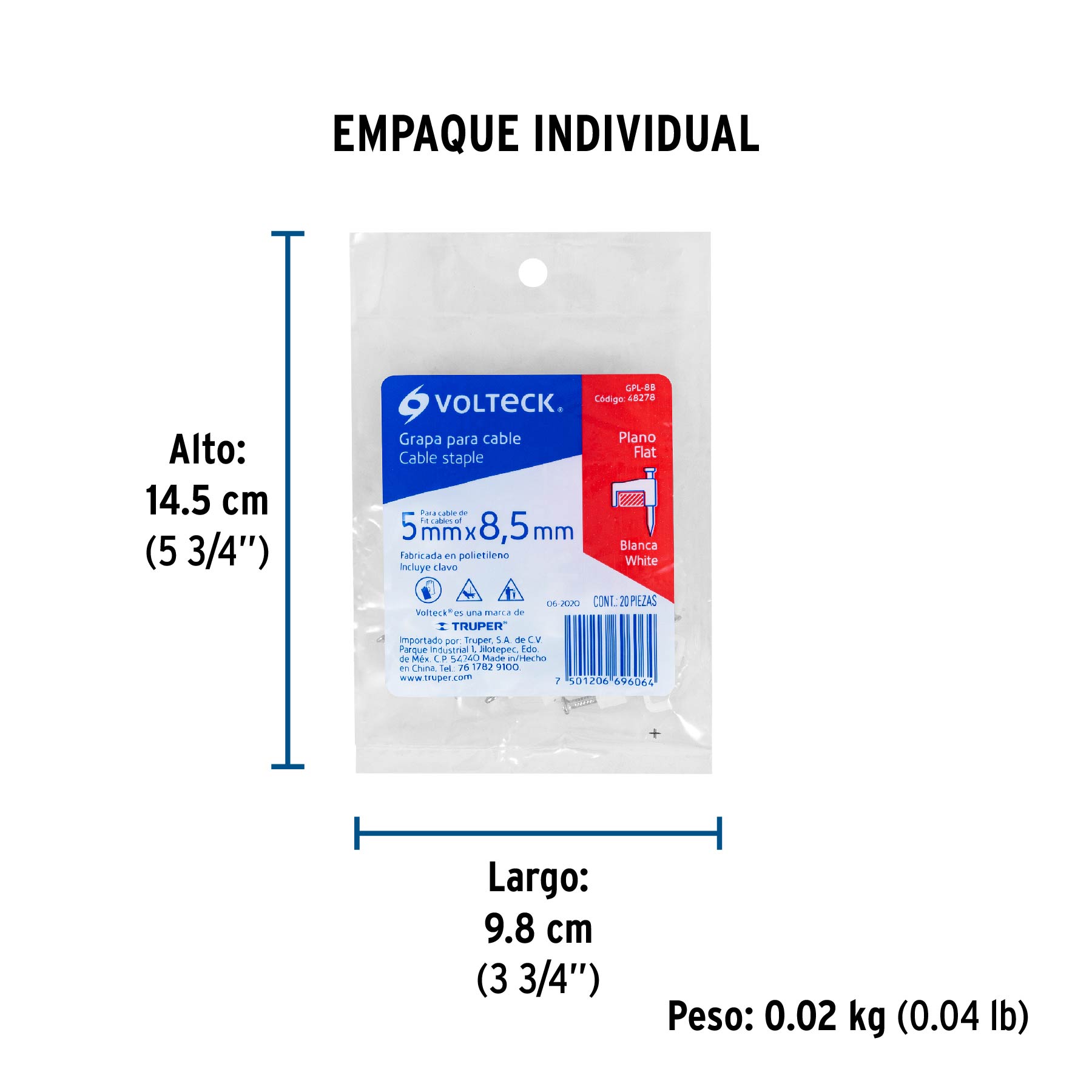 Bolsa con 20 grapas blancas de 5 x 8.5 mm para cable plano - Empaque