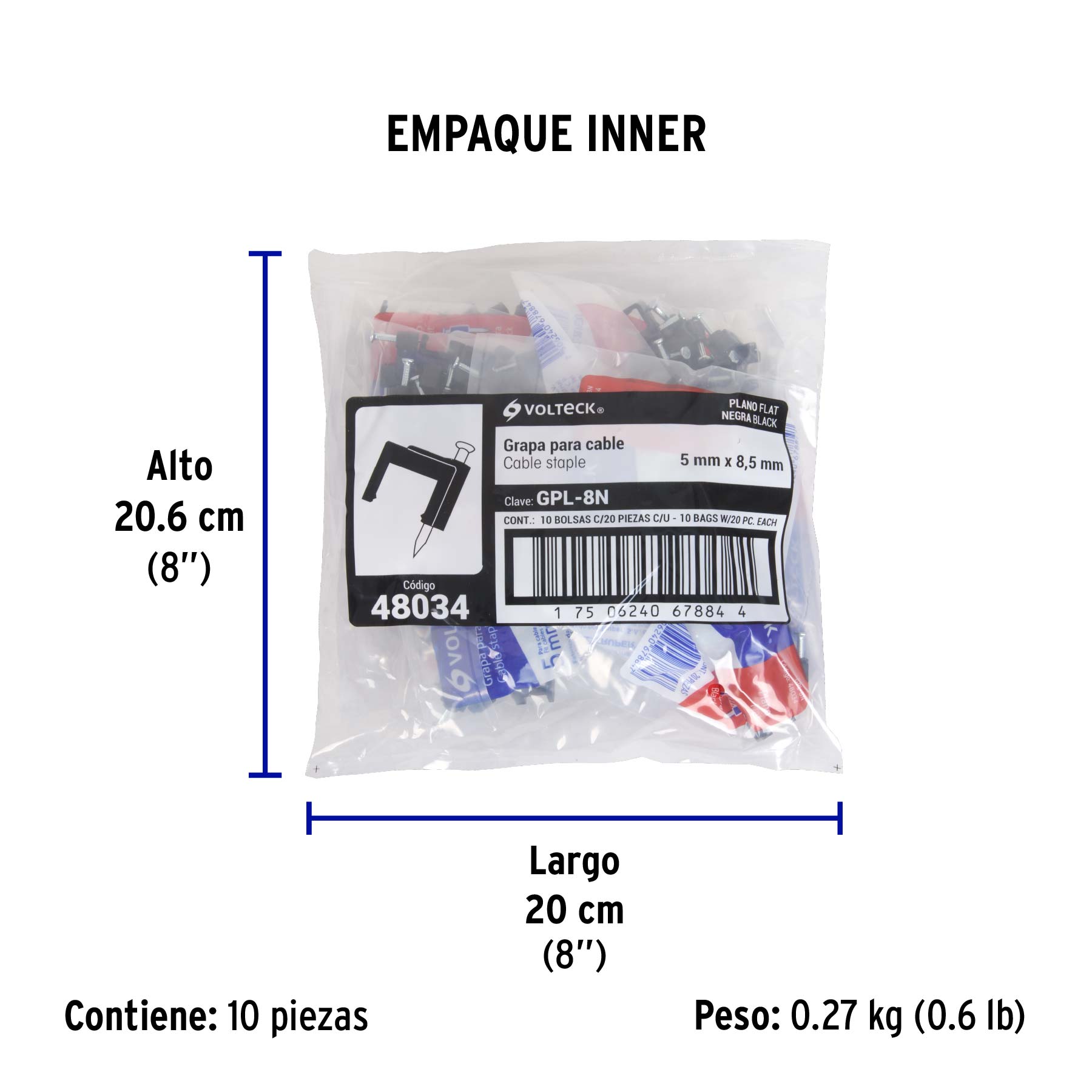 Bolsa con 20 grapas negras de 5 x 8.5 mm para cable plano - Empaque