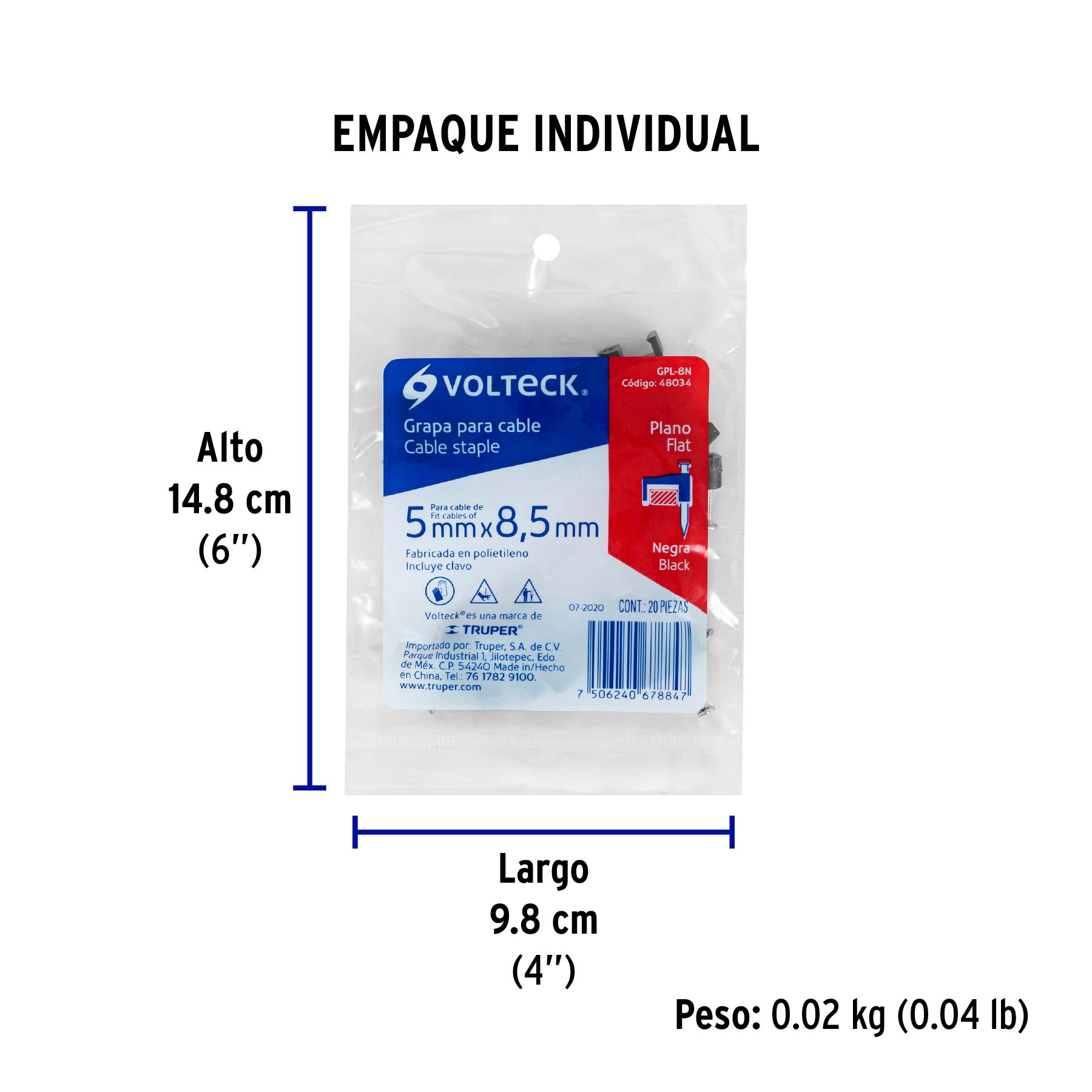 Bolsa con 20 grapas negras de 5 x 8.5 mm para cable plano - Empaque
