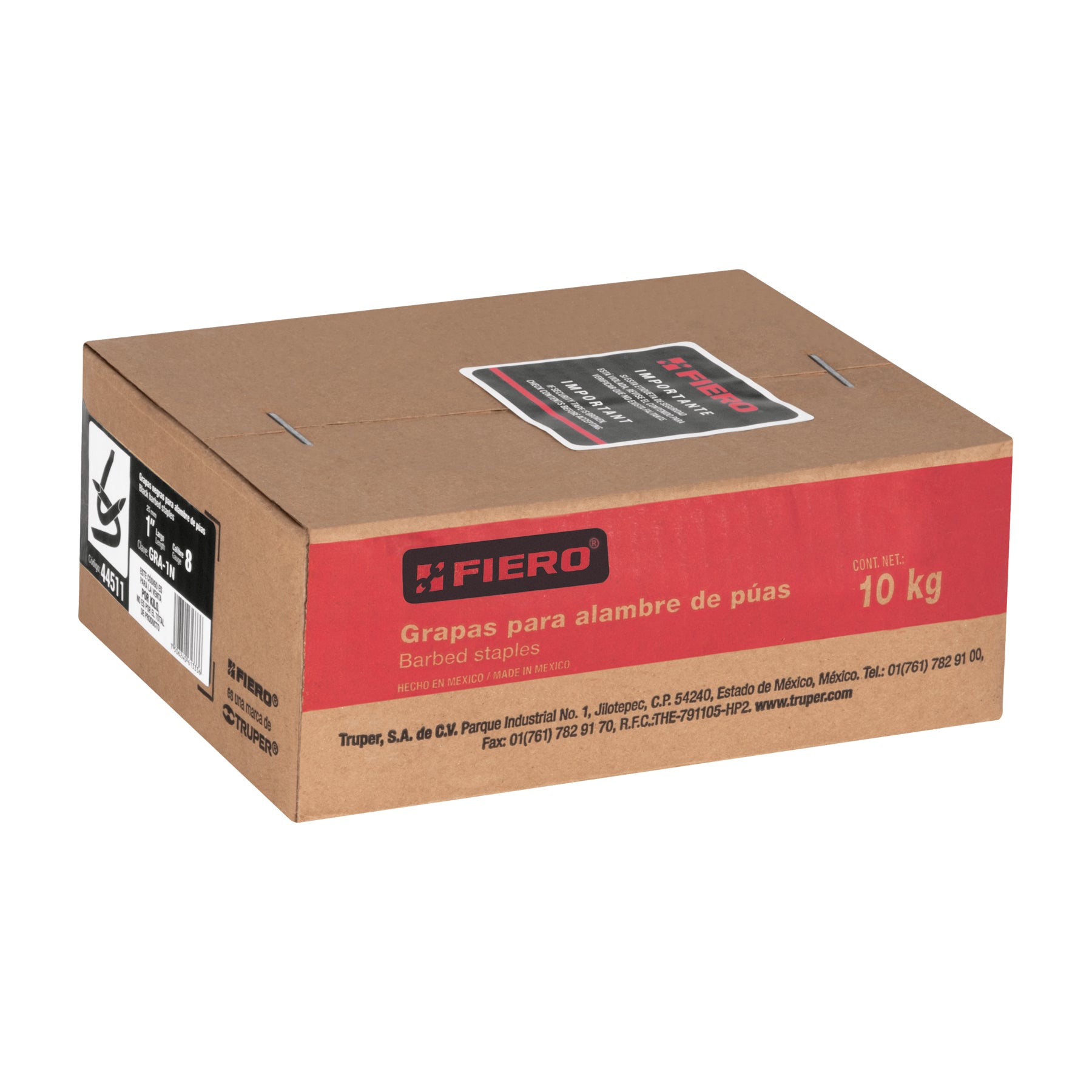 Caja con 10 kg de grapas 1" negras p/alambre de púas, FIERO