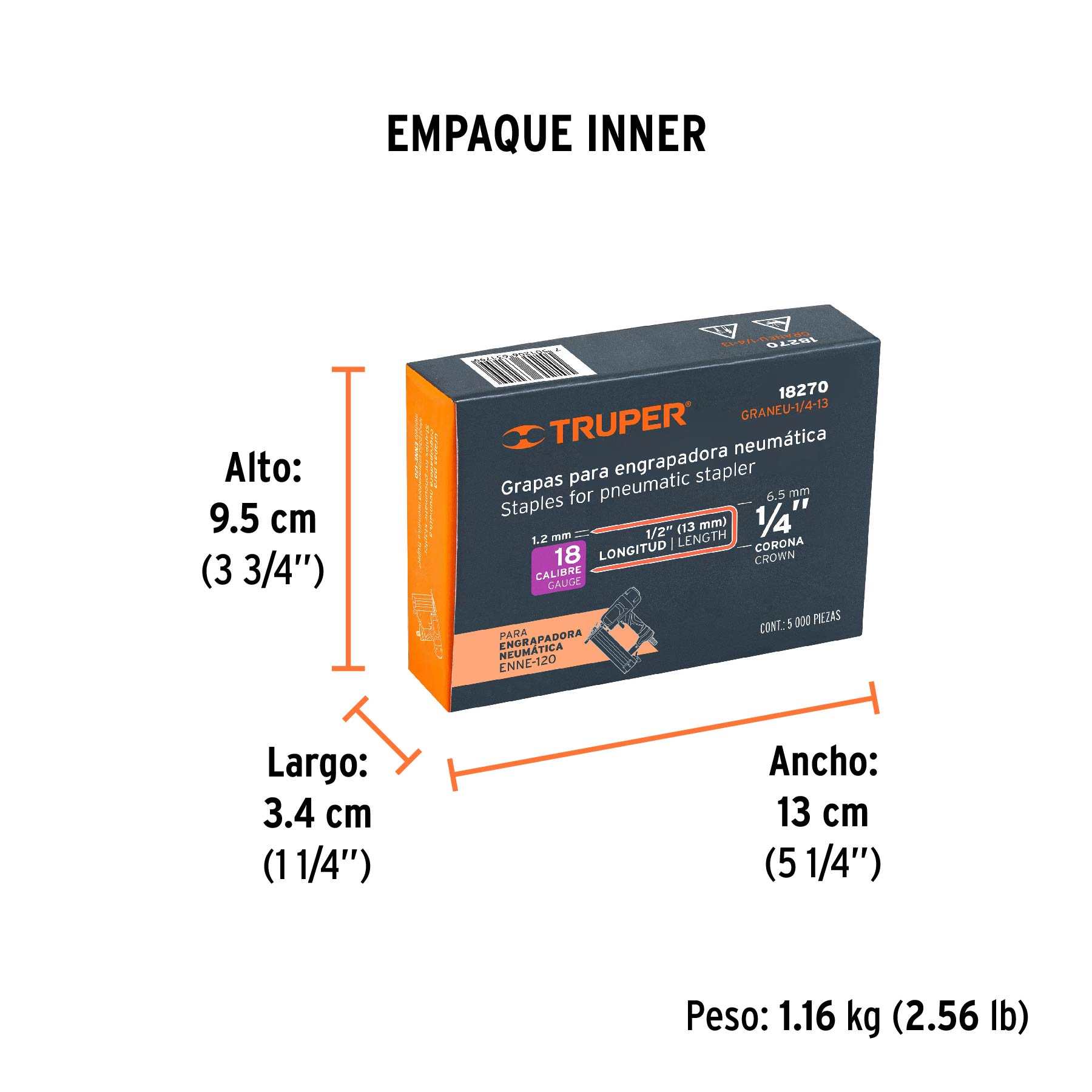 Caja con 5000 grapas corona 1/4" calibre 18, 13mm p/ENNE-120 - Empaque