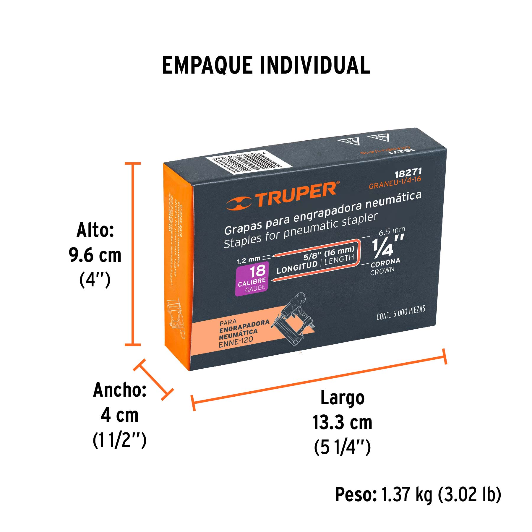 Caja con 5000 grapas corona 1/4" calibre 18, 16mm p/ENNE-120 - Empaque