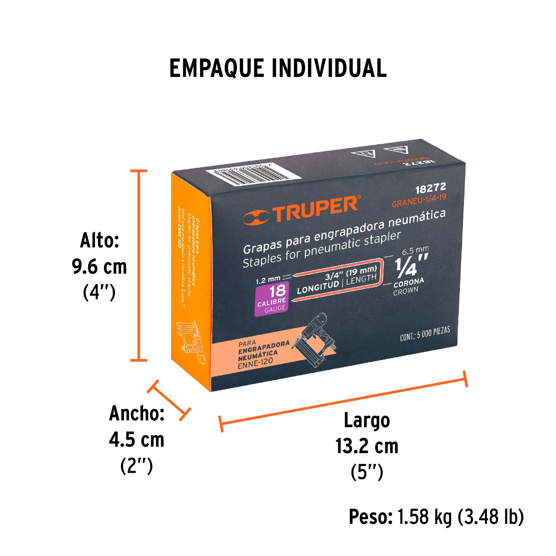 Caja con 5000 grapas corona 1/4" calibre 18, 19mm p/ENNE-120 - Empaque