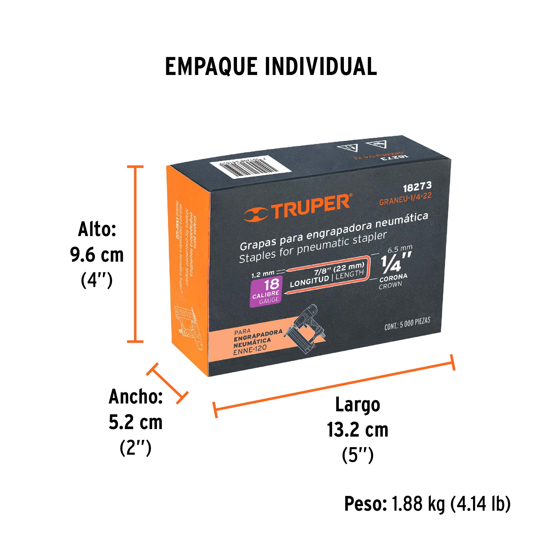 Caja con 5000 grapas corona 1/4" calibre 18, 22mm p/ENNE-120 - Empaque