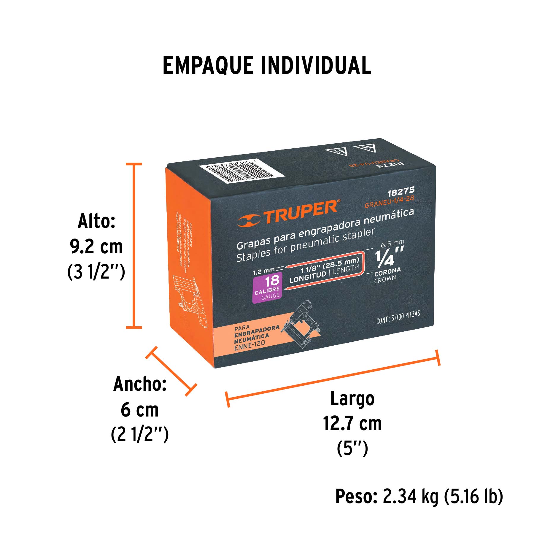 Caja con 5000 grapas corona 1/4" calibre 18, 28mm p/ENNE-120 - Empaque