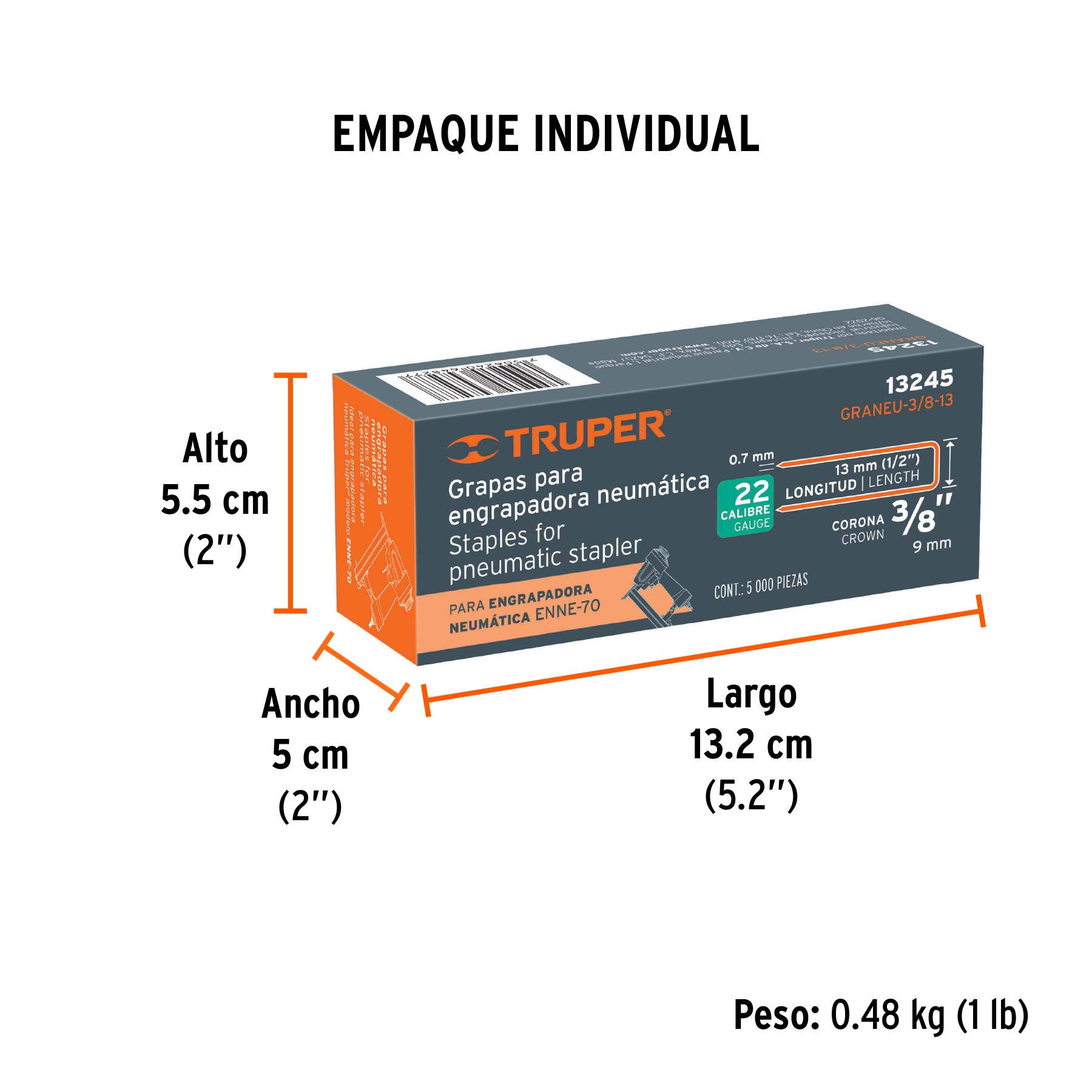 Caja con 5000 grapas corona 3/8" calibre 22, 13mm p/ENNE-70 - Empaque