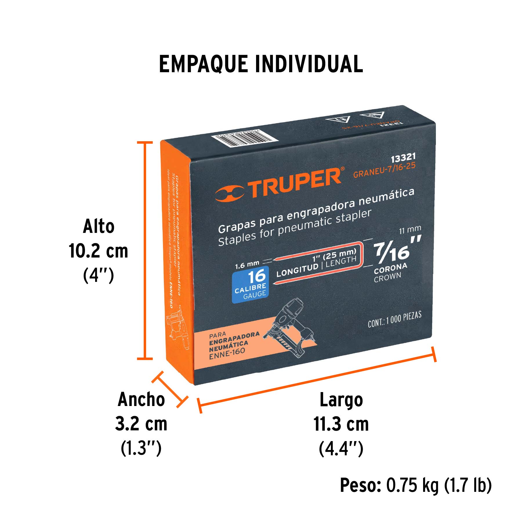 Caja con 1000 grapas corona 7/16" cal. 16, 25mm p/ENNE-160 - Empaque
