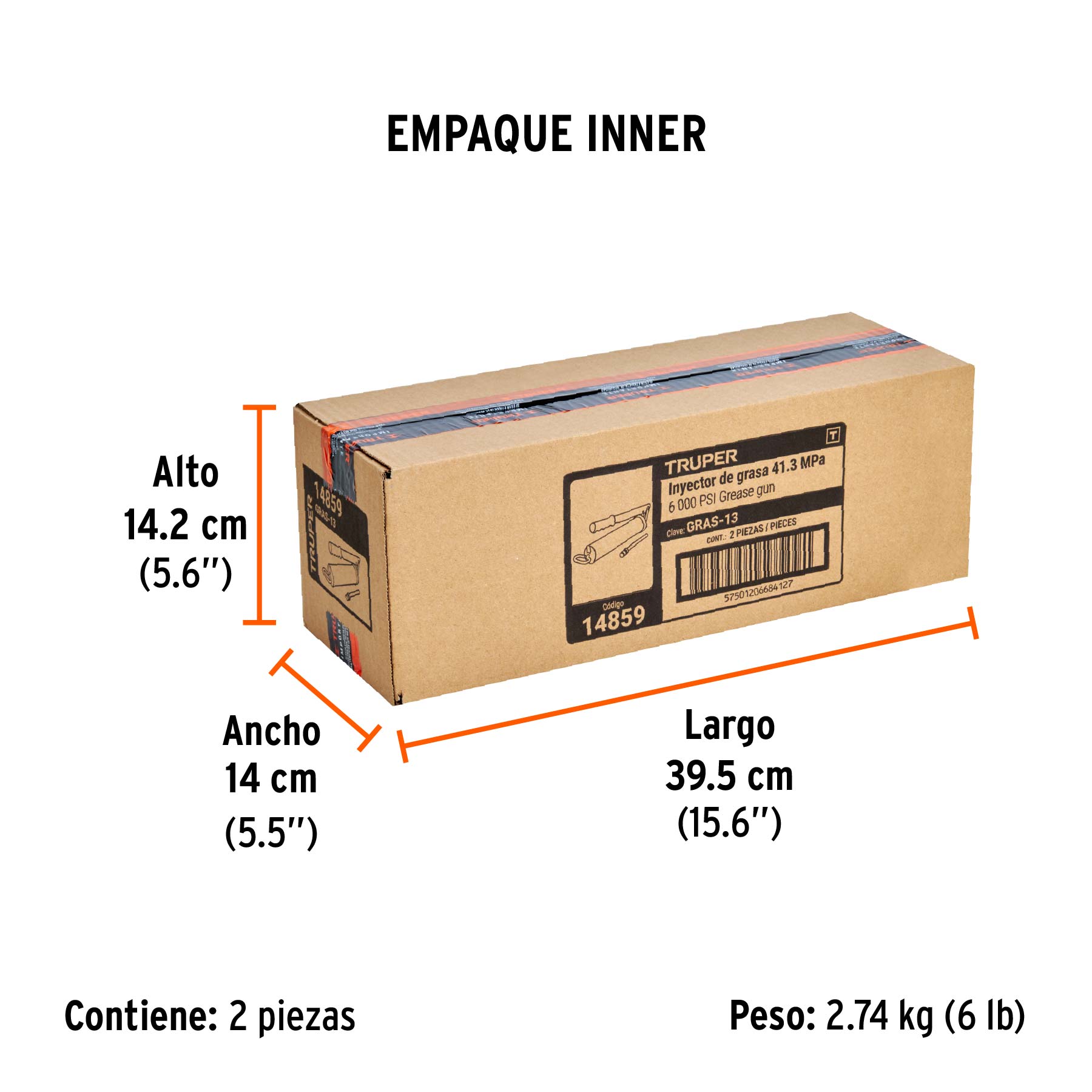 Inyectora de grasa 14 oz, 6000 PSI con grip antiderrapante - Empaque