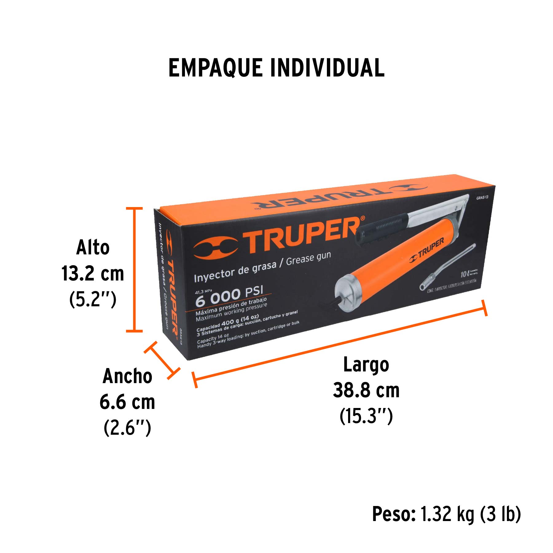 Inyectora de grasa 14 oz, 6000 PSI con grip antiderrapante - Empaque