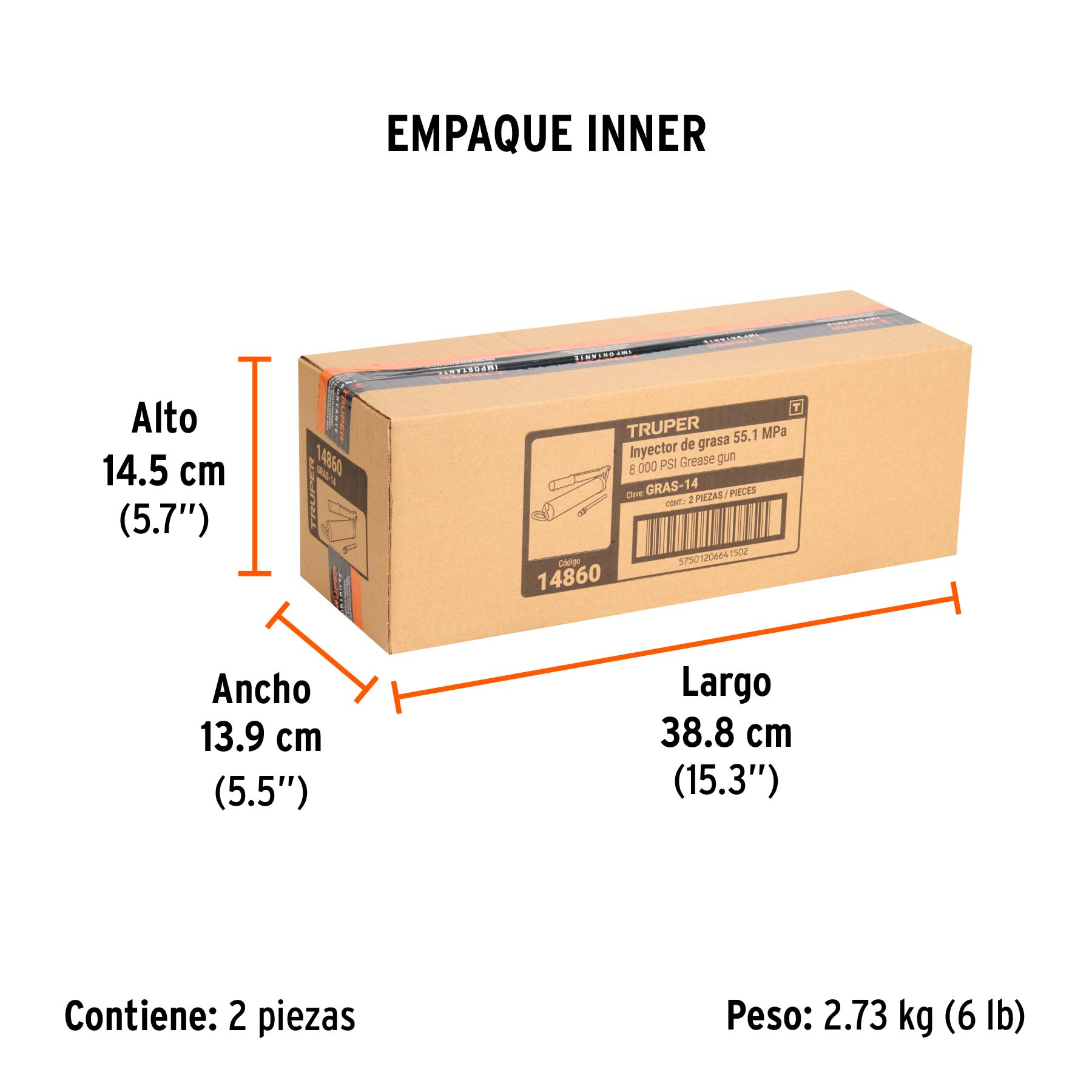 Inyectora de grasa 14 oz, 8000 PSI con grip antiderrapante - Empaque