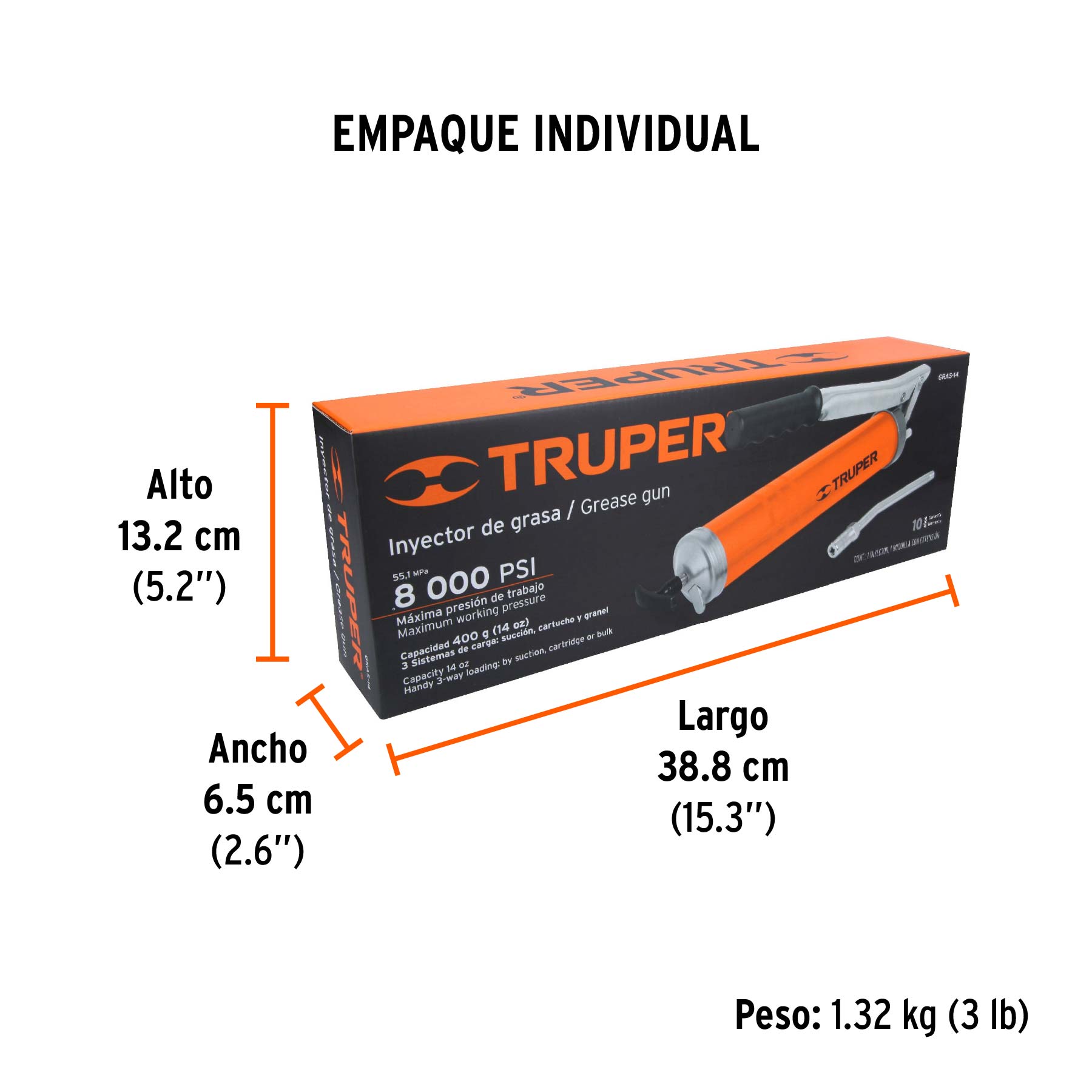 Inyectora de grasa 14 oz, 8000 PSI con grip antiderrapante - Empaque