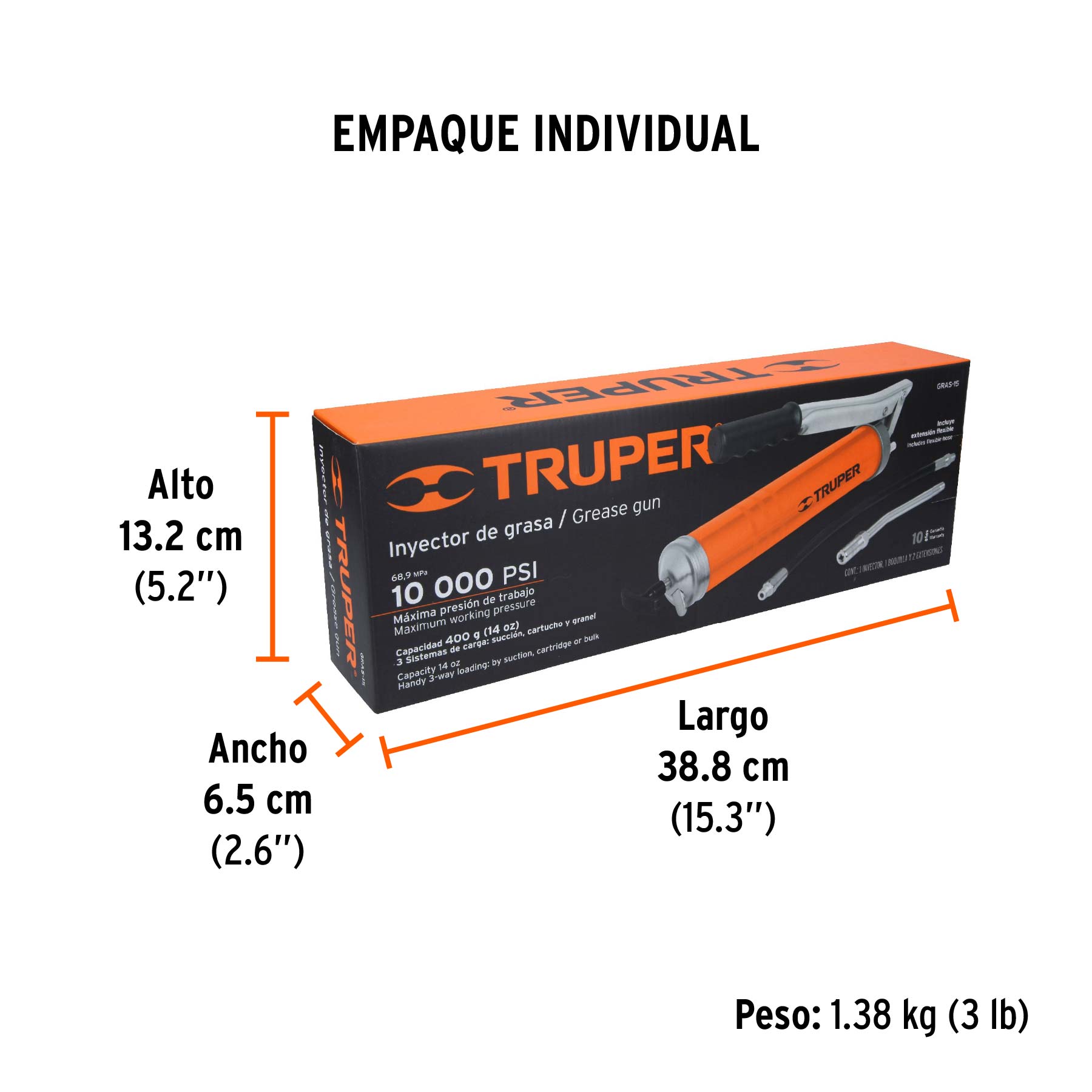 Inyectora de grasa 14 oz, 10000 PSI con grip antiderrapante - Empaque