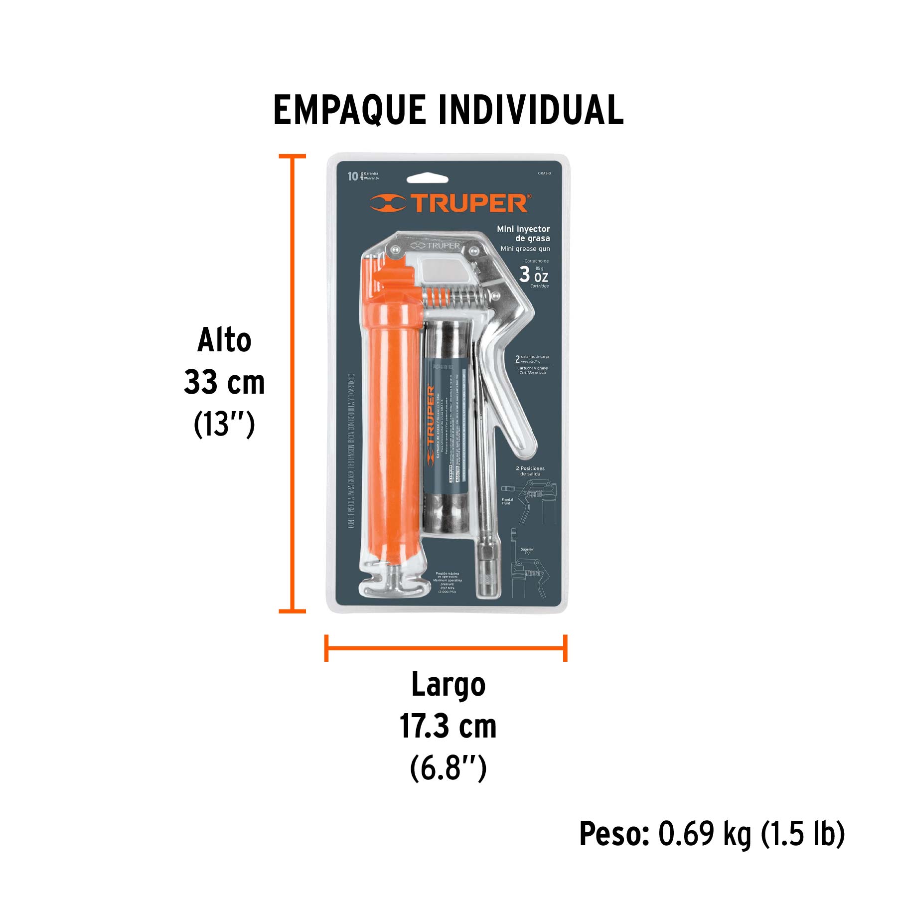 Mini inyector de grasa 3 oz, 3000 PSI, TRUPER - Empaque