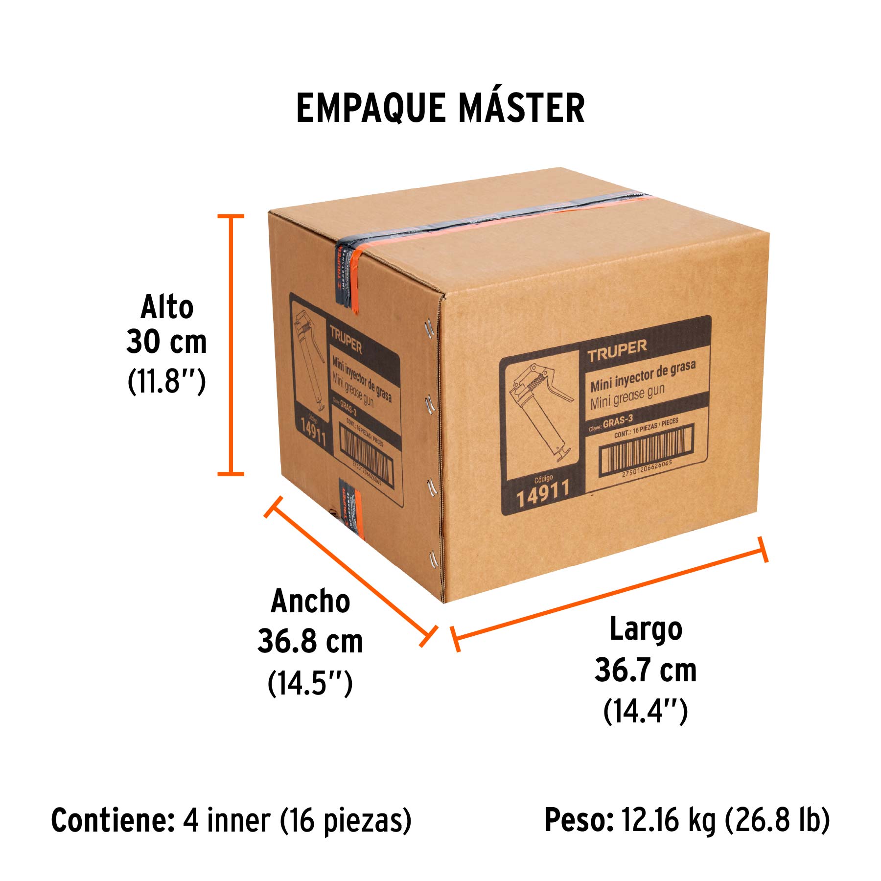 Mini inyector de grasa 3 oz, 3000 PSI, TRUPER - Empaque