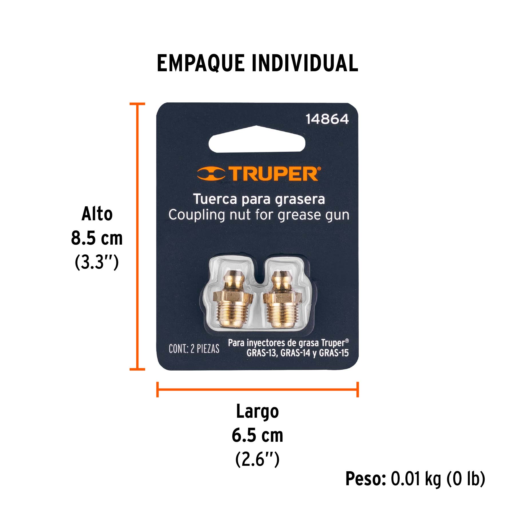 Tuercas para inyectores de grasa, 2 piezas, TRUPER - Empaque
