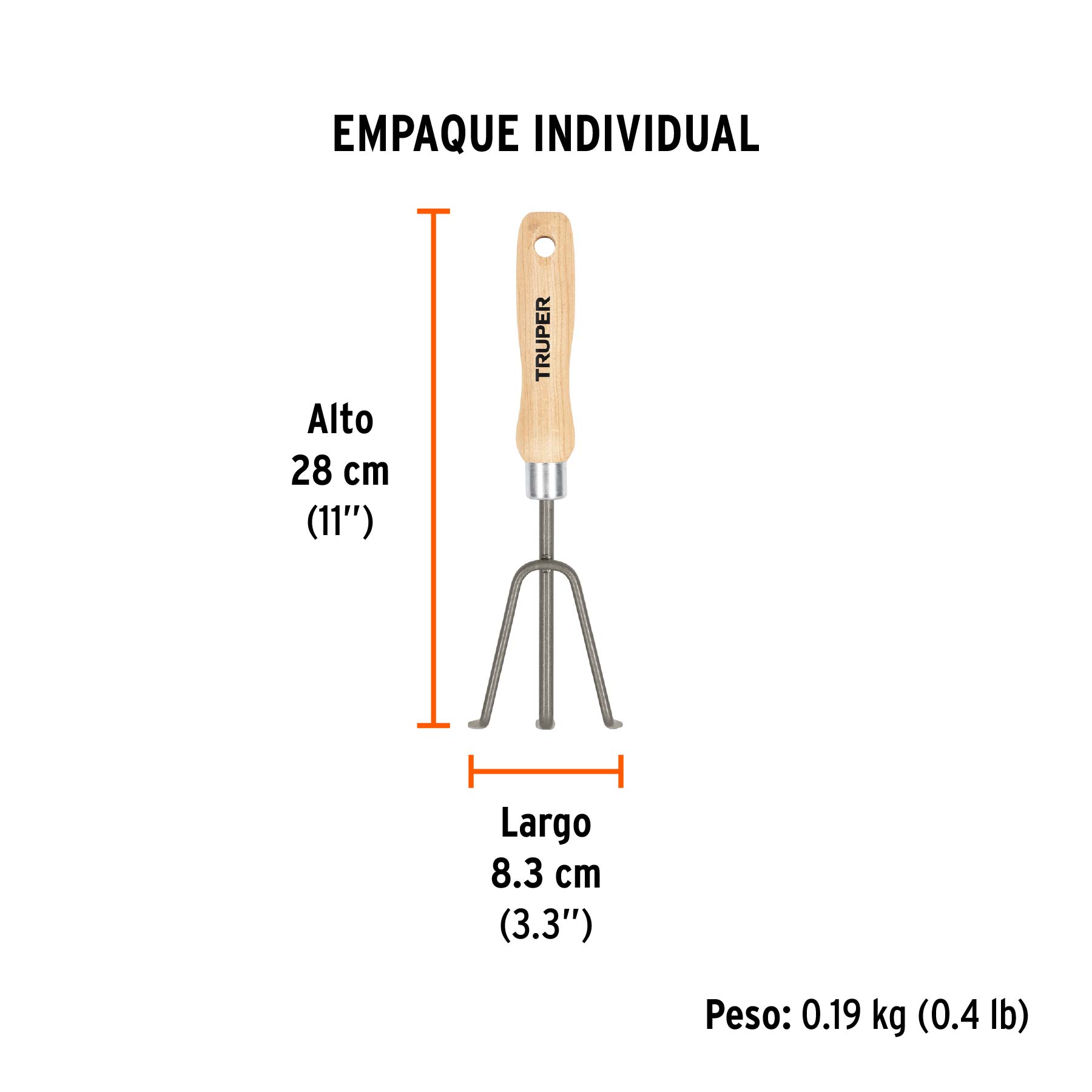 Cultivador para jardín, mango de 6", TRUPER - Empaque