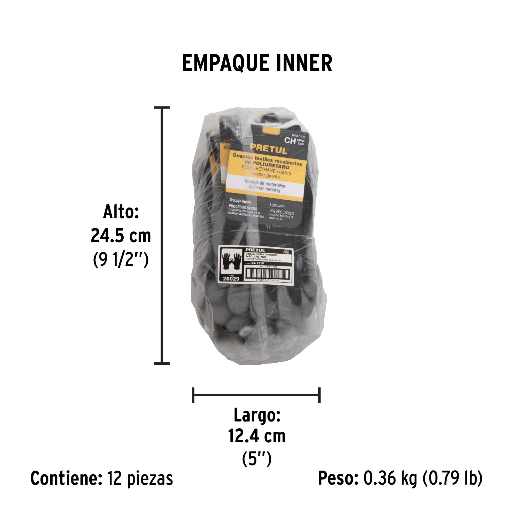 Guantes de nylon recubiertos de poliuretano, CH, PRETUL - Empaque