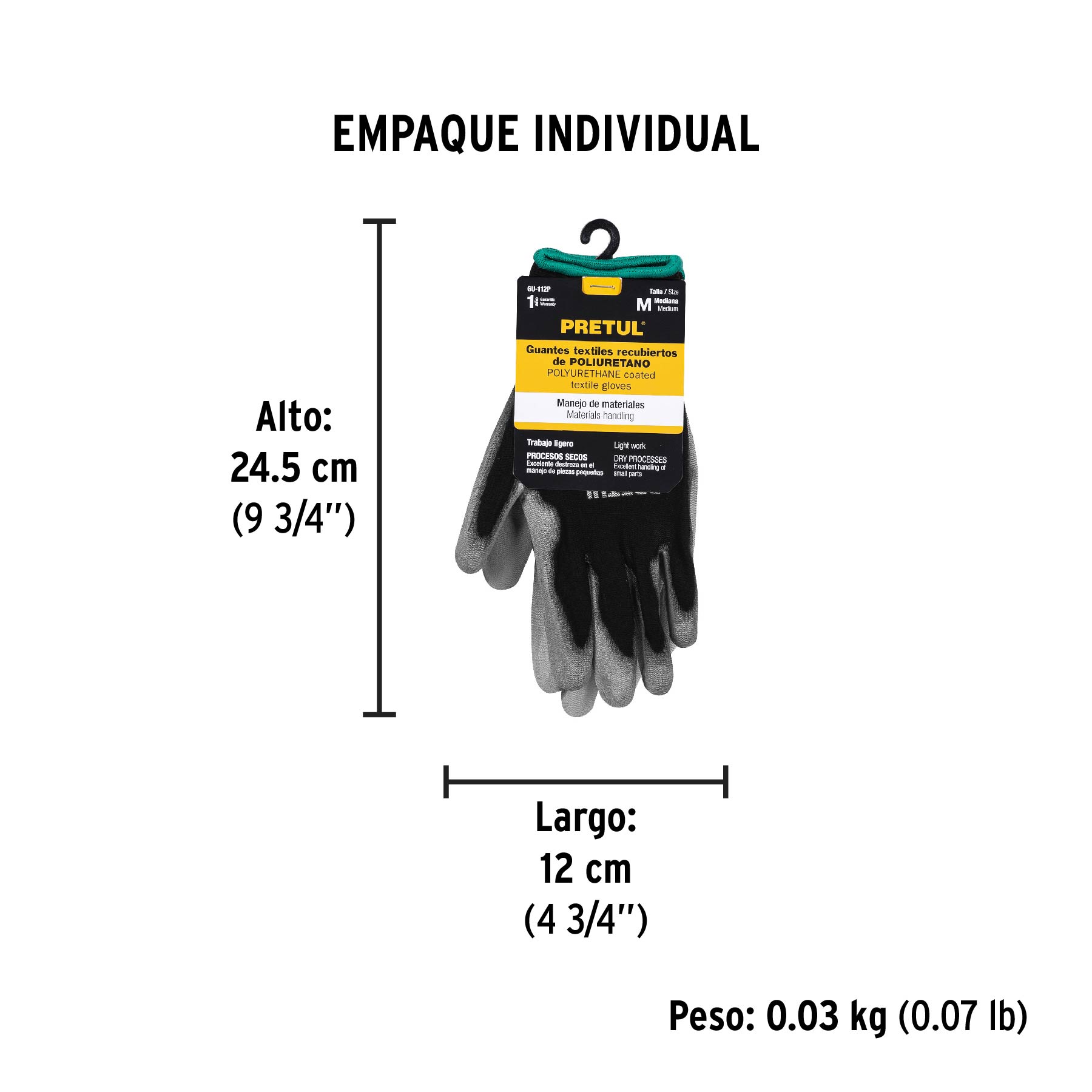 Guantes de nylon recubiertos de poliuretano, M, PRETUL - Empaque