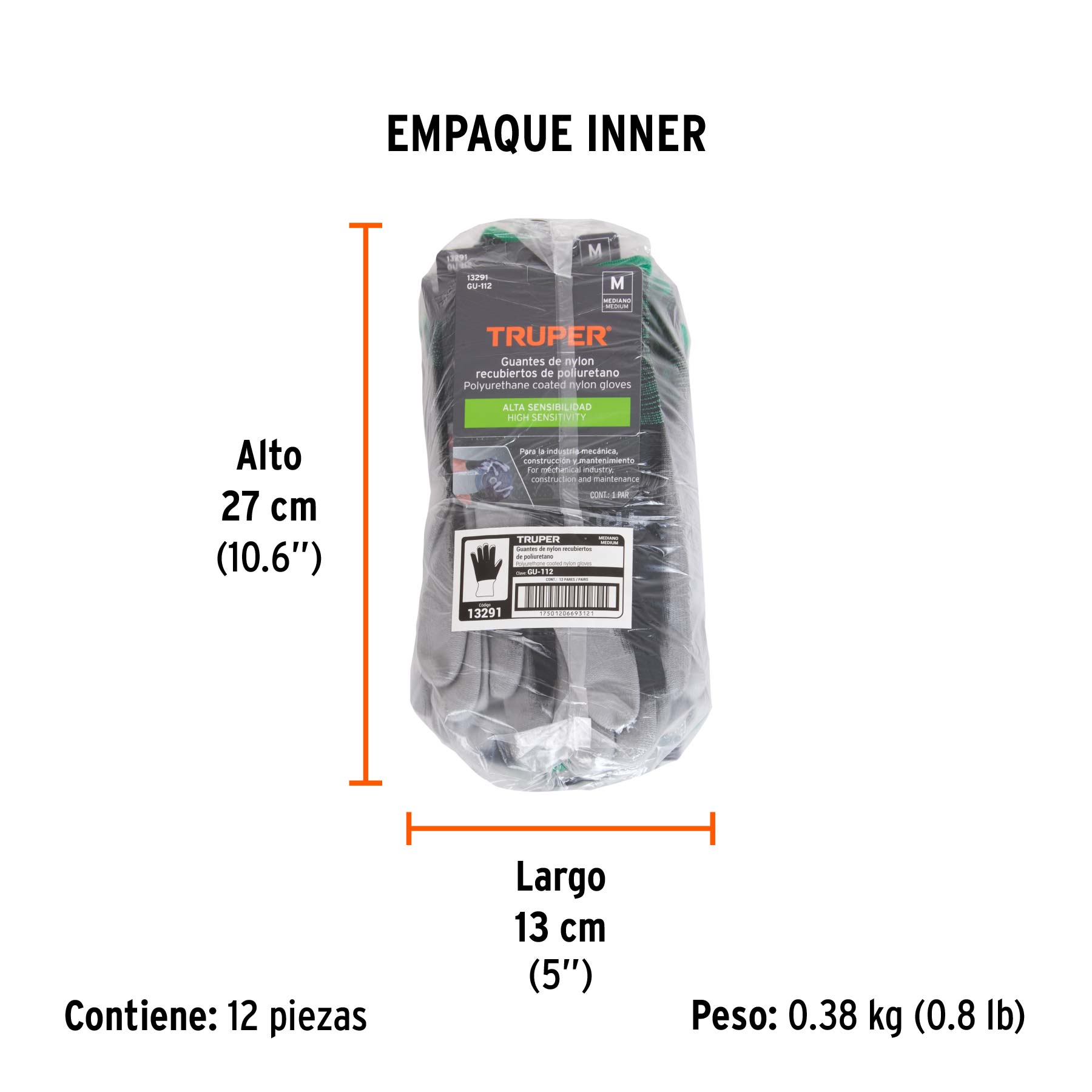Guantes de nylon recubiertos de poliuretano, M, TRUPER - Empaque