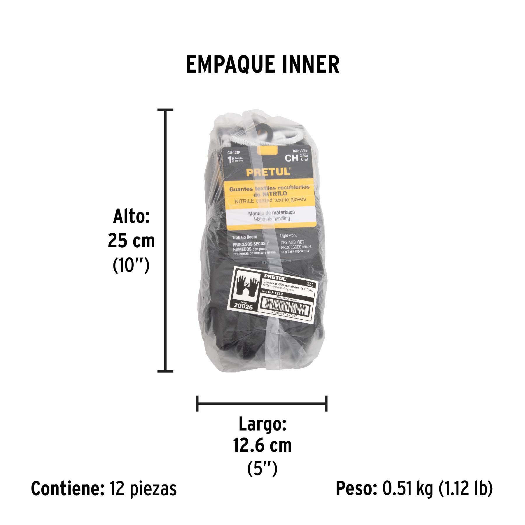 Guantes de nylon recubiertos de nitrilo, CH, PRETUL - Empaque