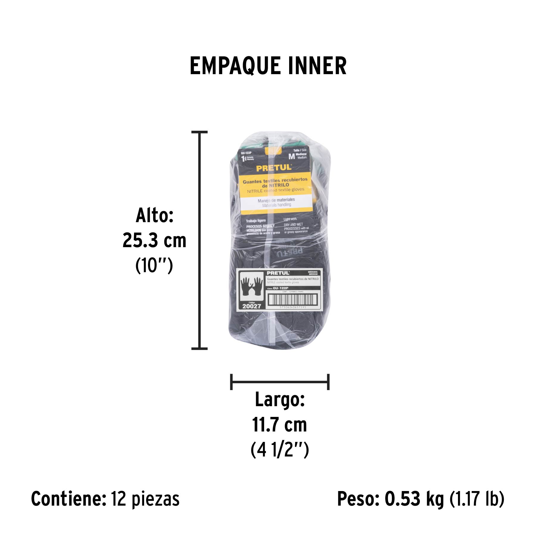 Guantes de nylon recubiertos de nitrilo, M, PRETUL - Empaque