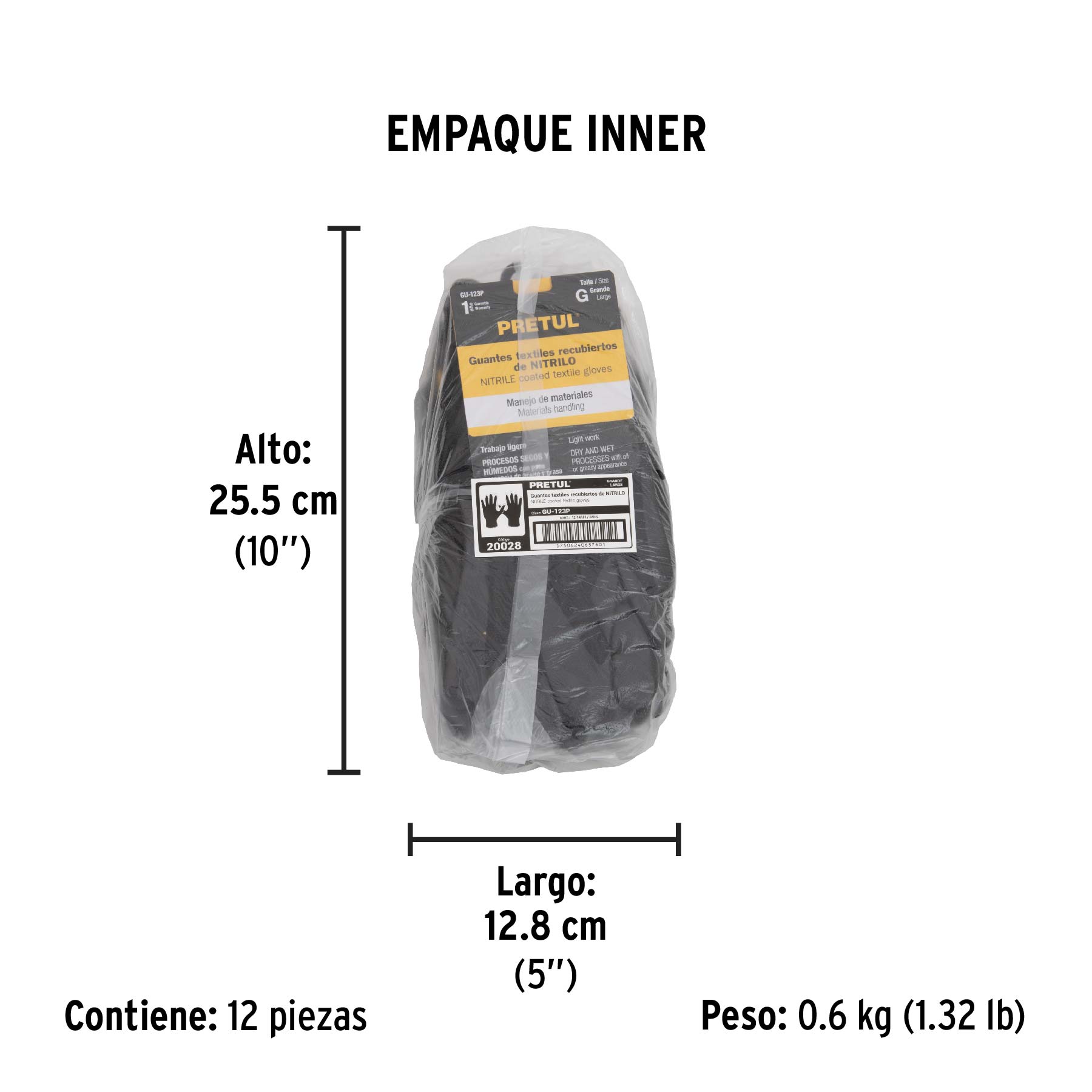 Guantes de nylon recubiertos de nitrilo, G, PRETUL - Empaque