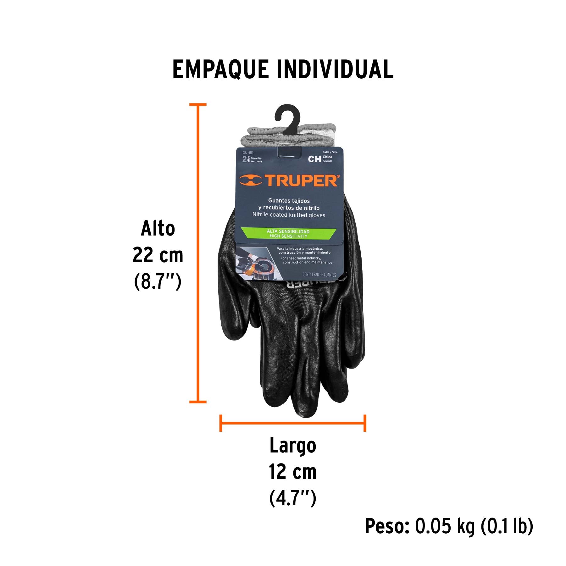 Guantes de poliéster recubiertos de nitrilo, CH, TRUPER - Empaque