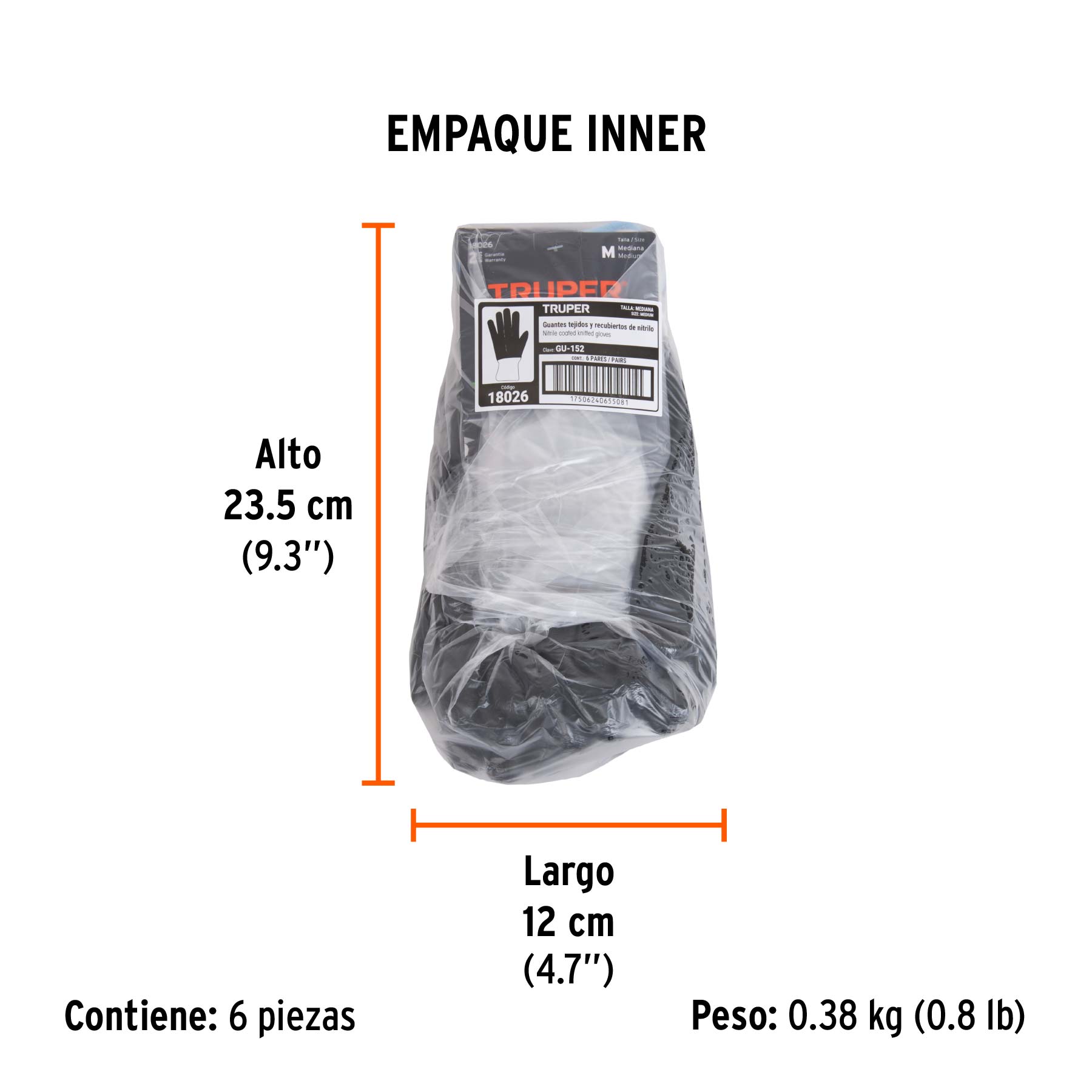 Guantes de poliéster recubiertos de nitrilo, M, TRUPER - Empaque