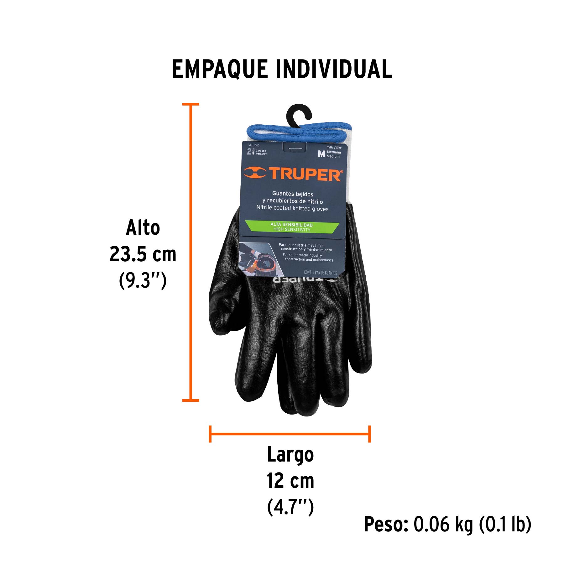 Guantes de poliéster recubiertos de nitrilo, M, TRUPER - Empaque