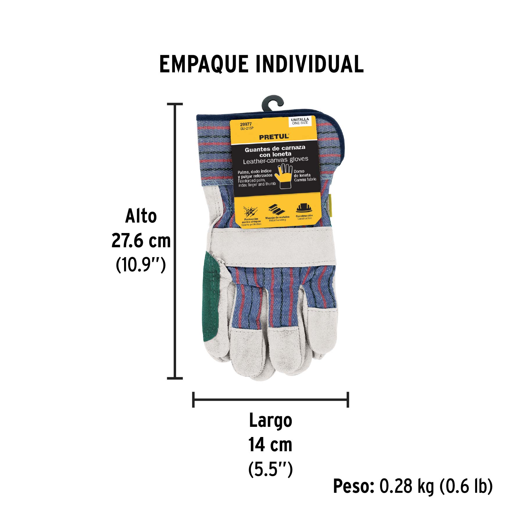 Guantes de carnaza y loneta con refuerzo, unitalla, PRETUL - Empaque