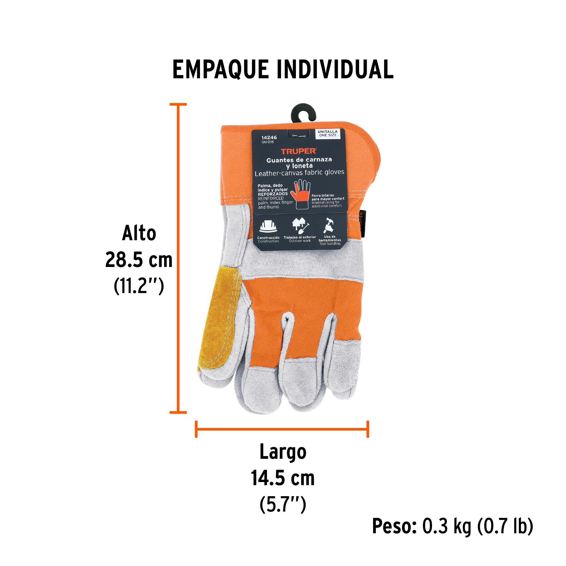 Guantes de carnaza y loneta, con refuerzo, unitalla, TRUPER - Empaque