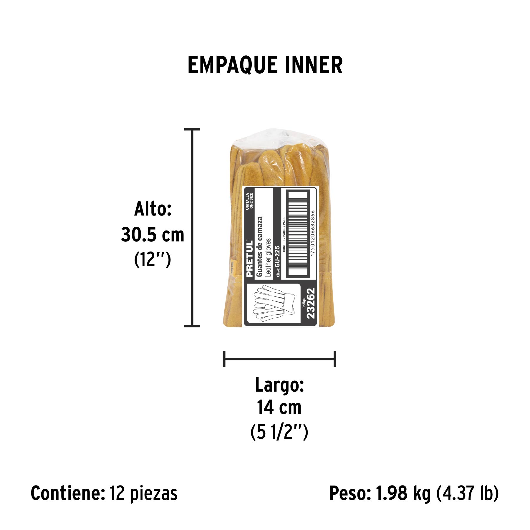 Guantes de carnaza, cortos, unitalla, PRETUL - Empaque